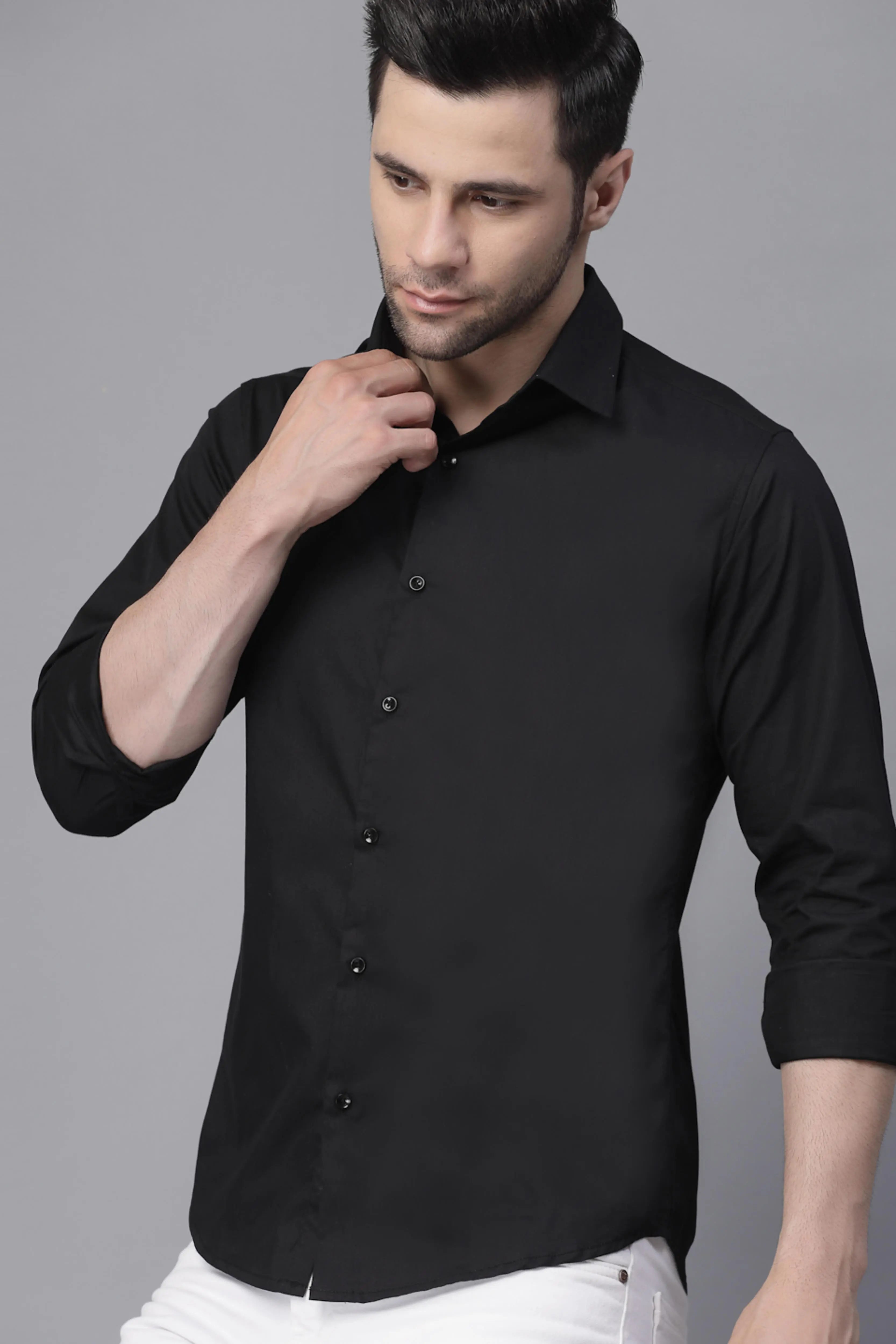 Mens Black Collar Neck Solid Regular Casual Shirt - Global Republic