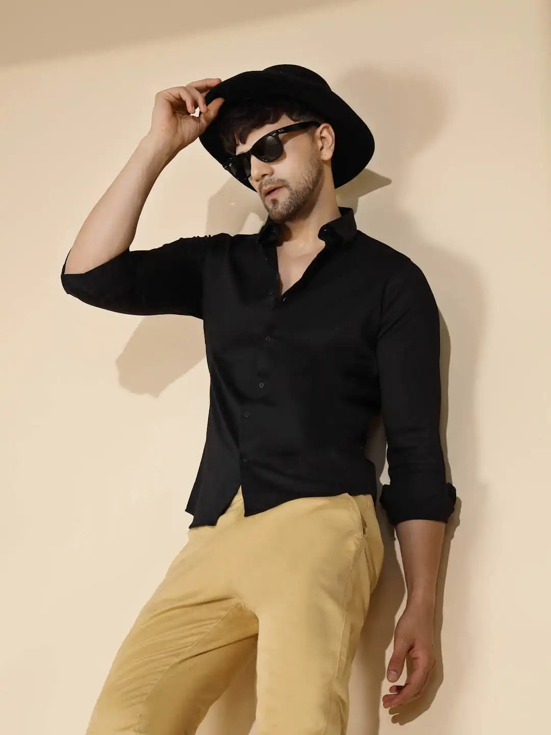 Mens Plain Shirt Full Sleeve With Mandarin Collar Black