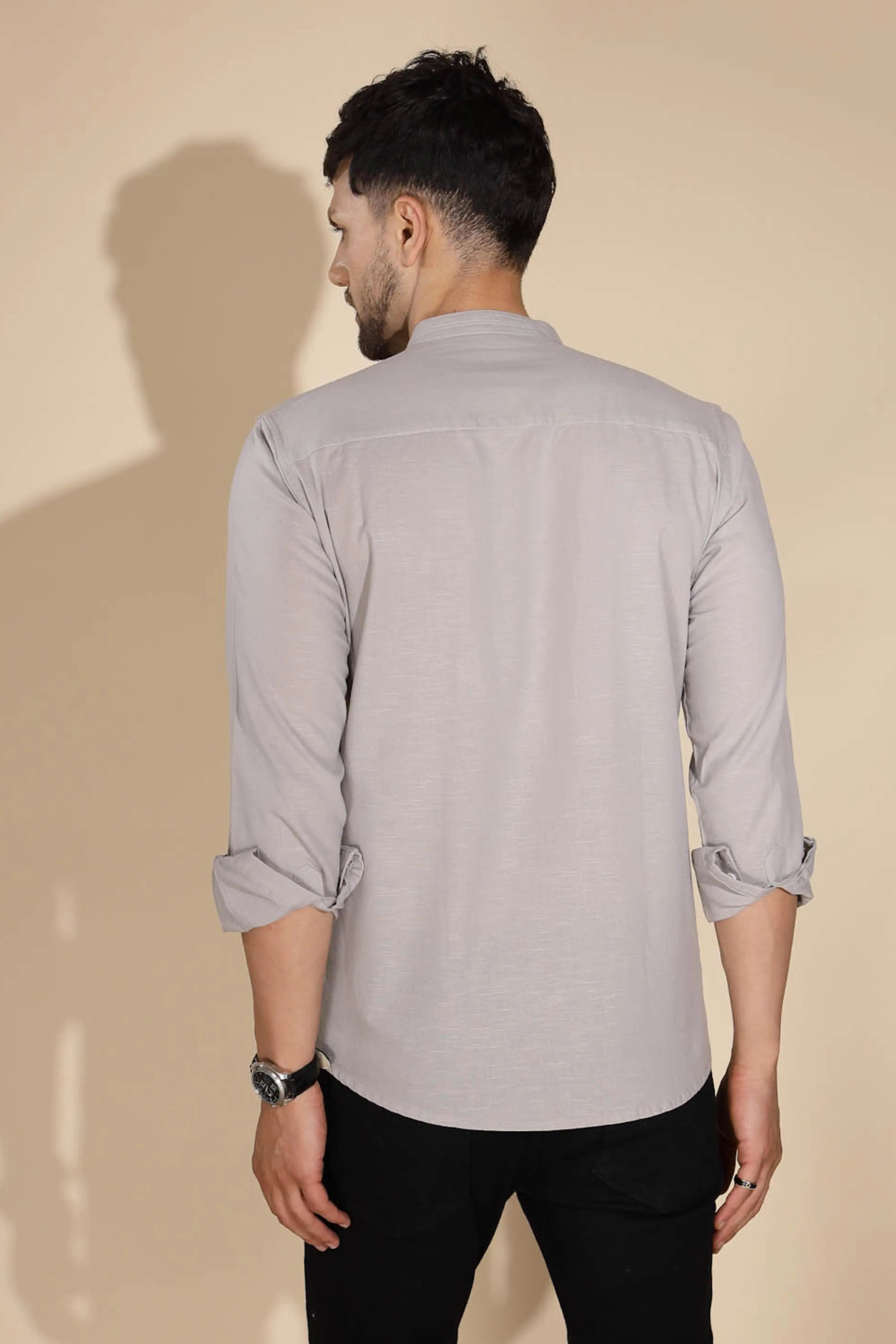Mens Grey Round Nack Solid Kurta - Global Republic