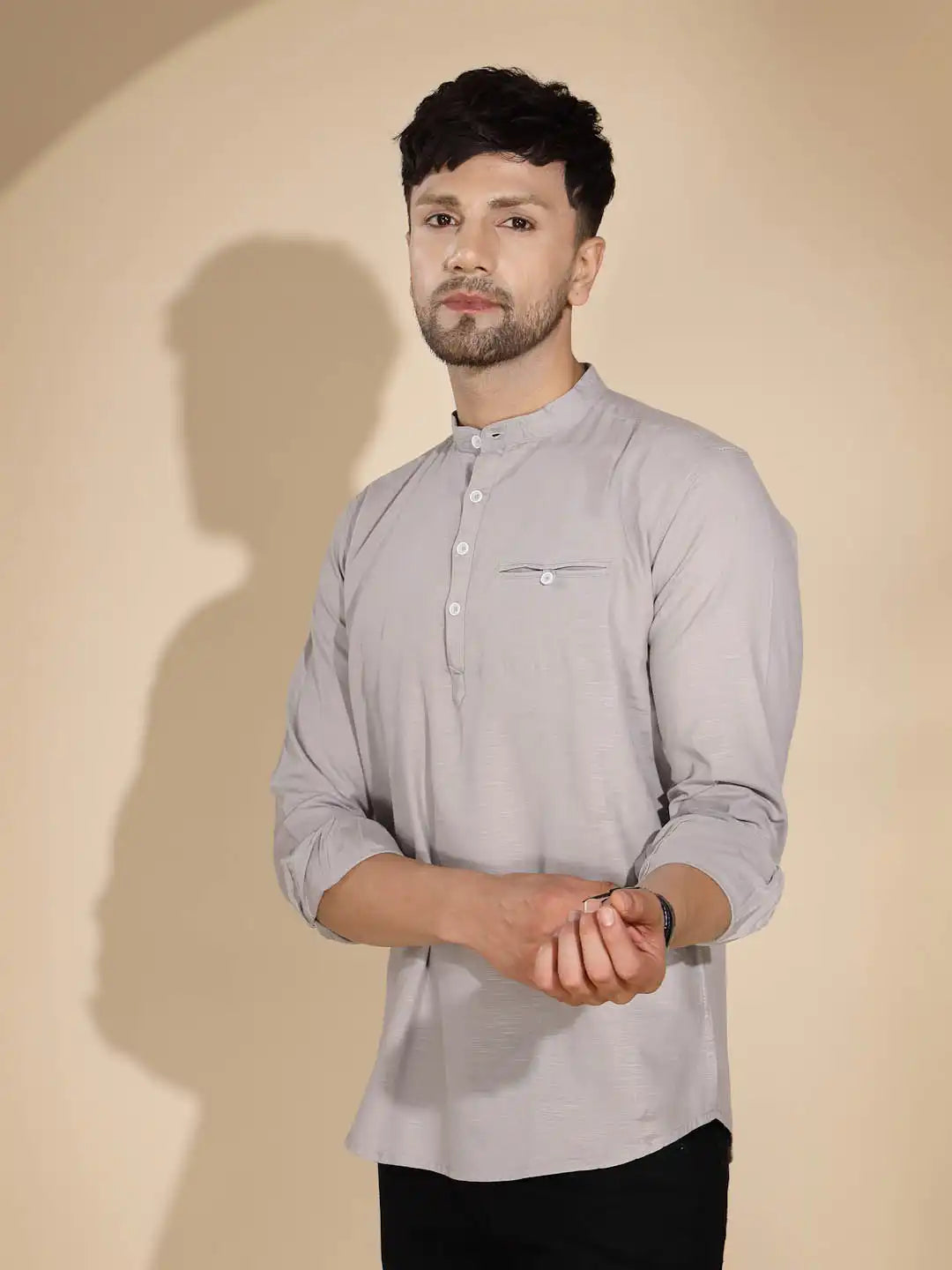 Mens Grey Round Nack Solid Kurta - Global Republic