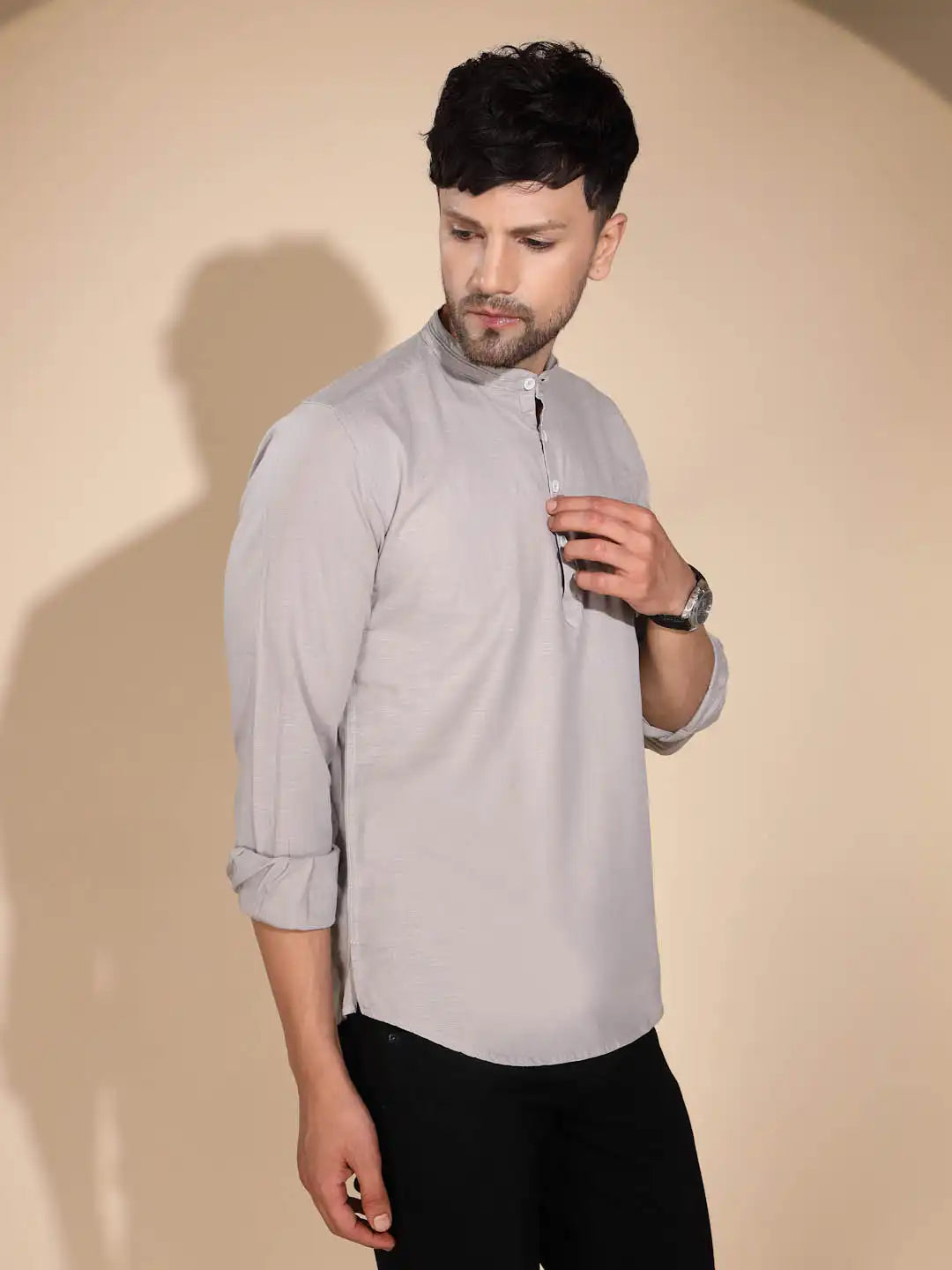 Mens Grey Round Nack Solid Kurta - Global Republic