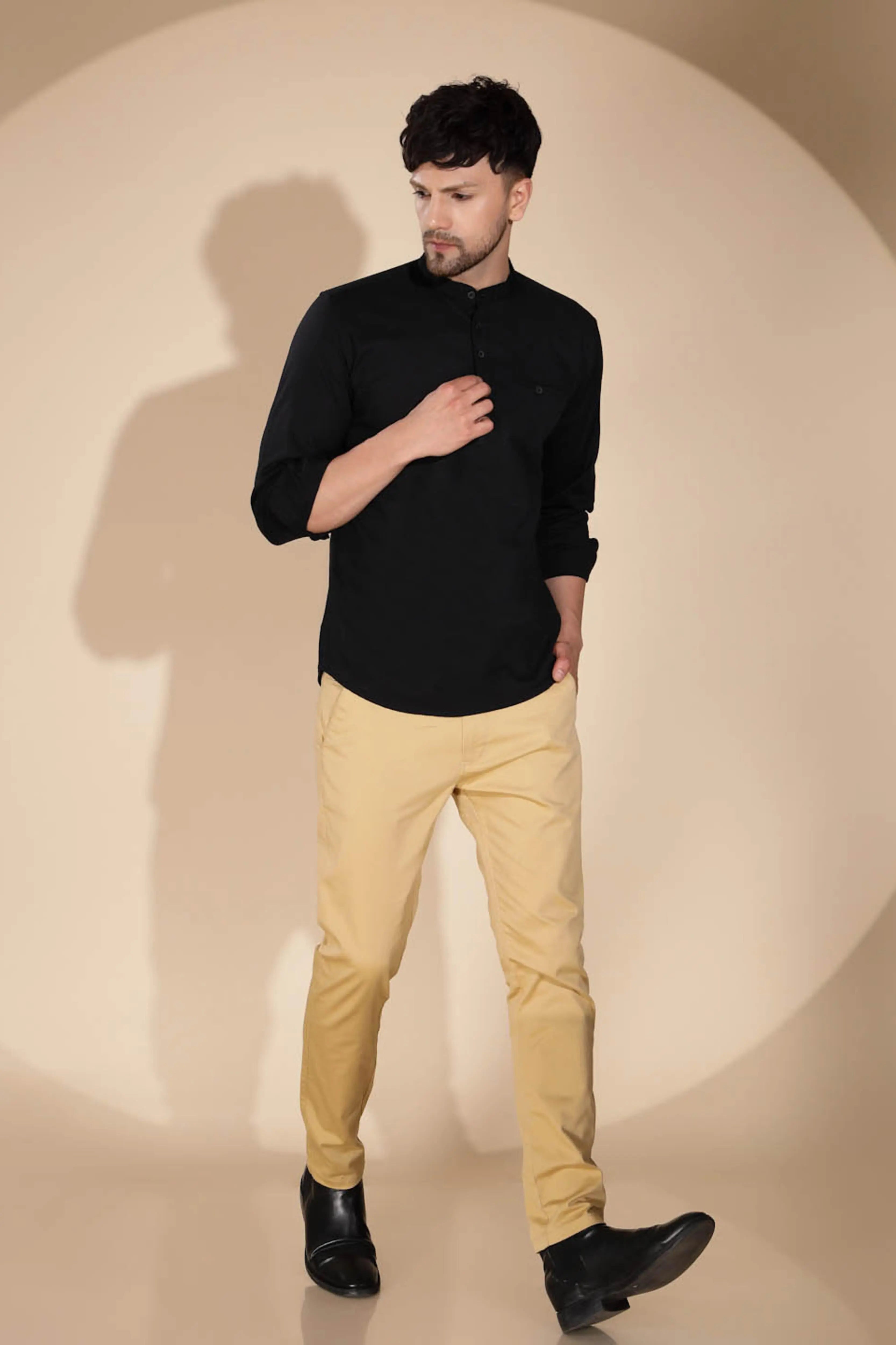 Mens Navy Blue Round Nack Solid Kurta - Global Republic