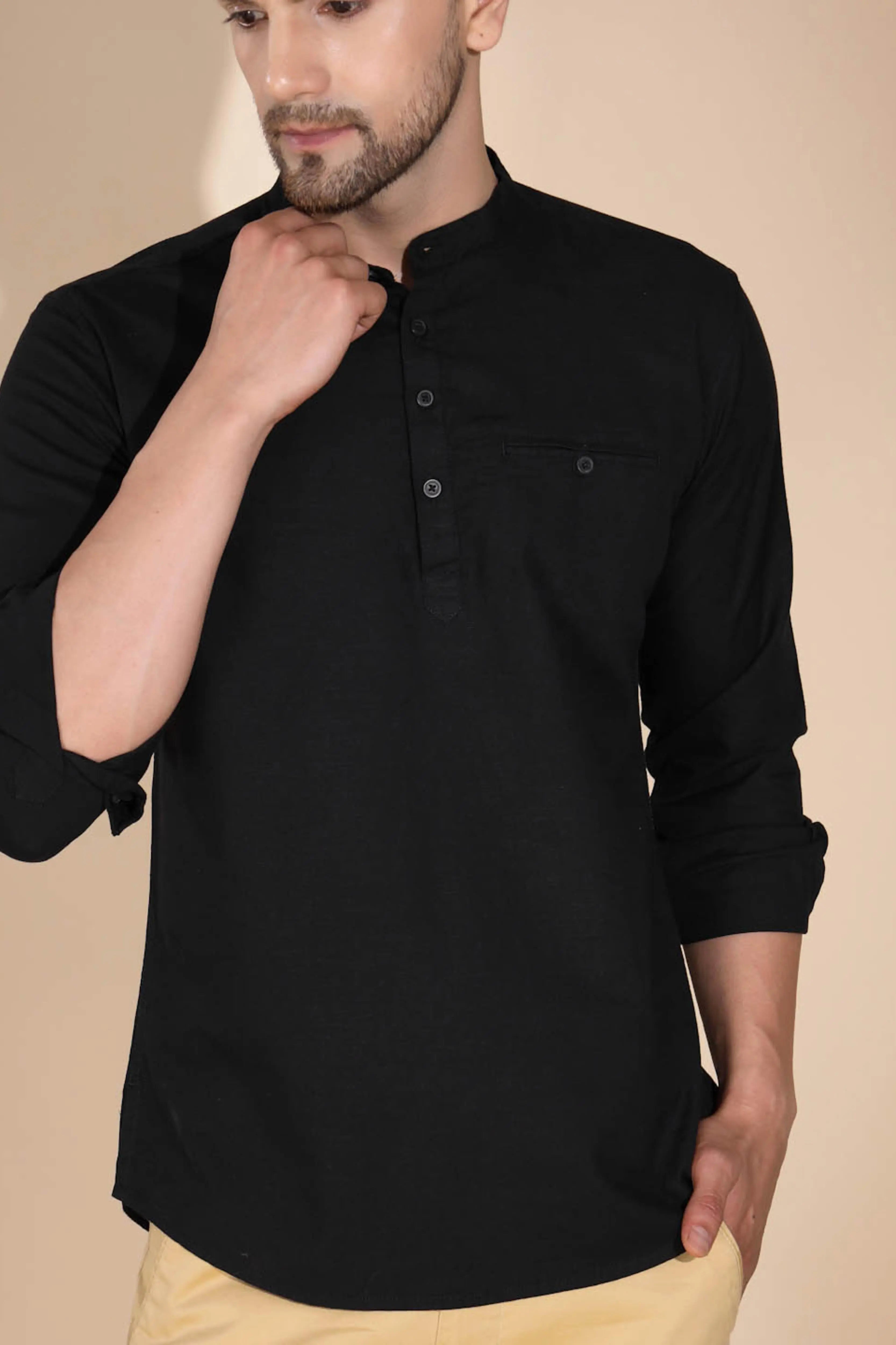 Mens Navy Blue Round Nack Solid Kurta - Global Republic