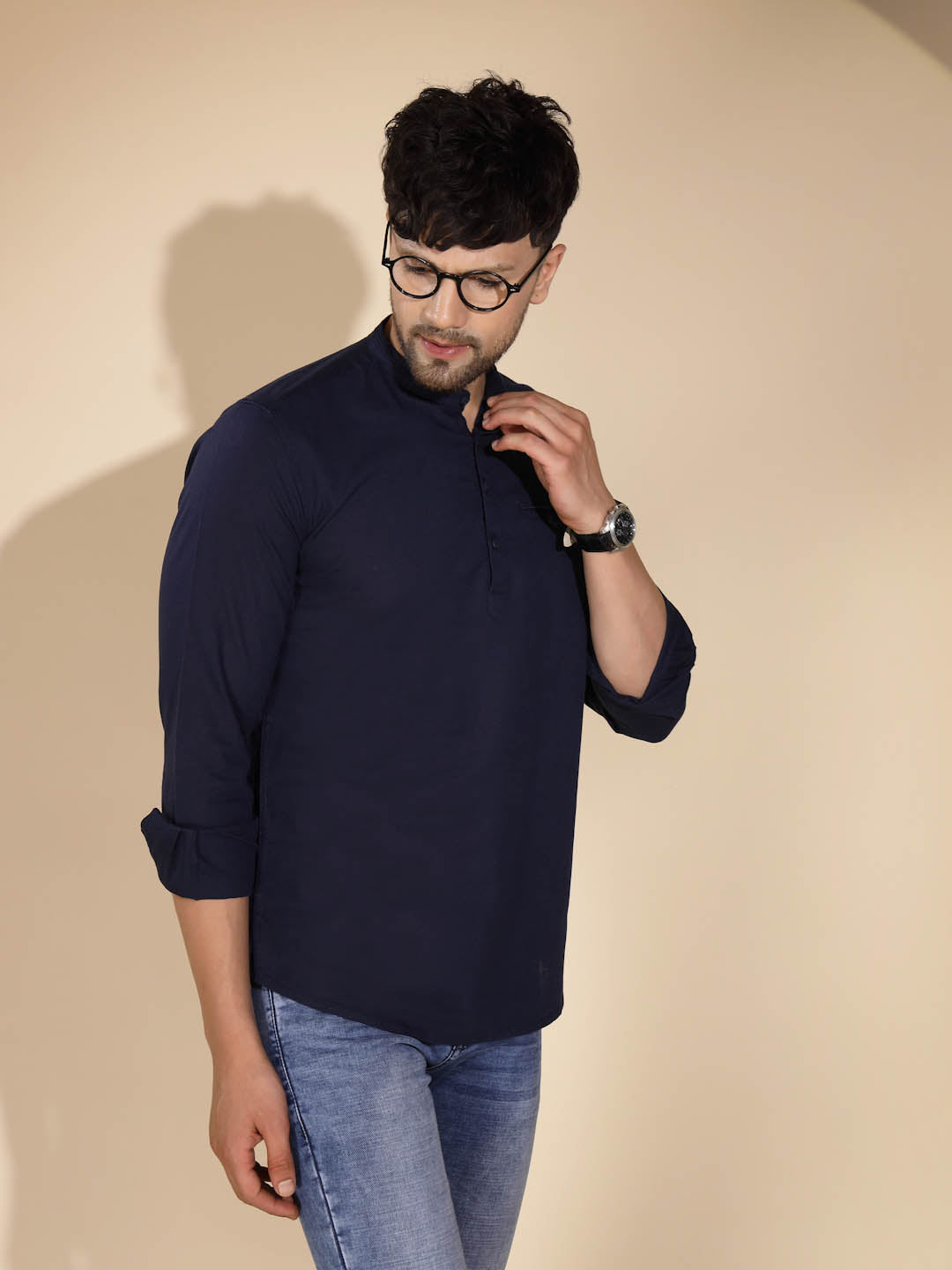 Mens Navy Blue Round Nack Solid Kurta - Global Republic