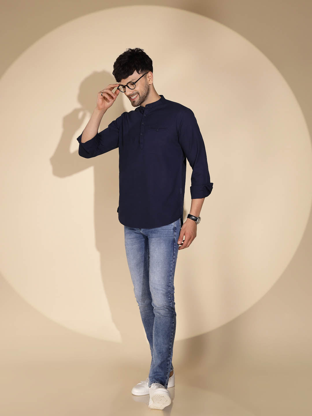 Mens Navy Blue Round Nack Solid Kurta - Global Republic
