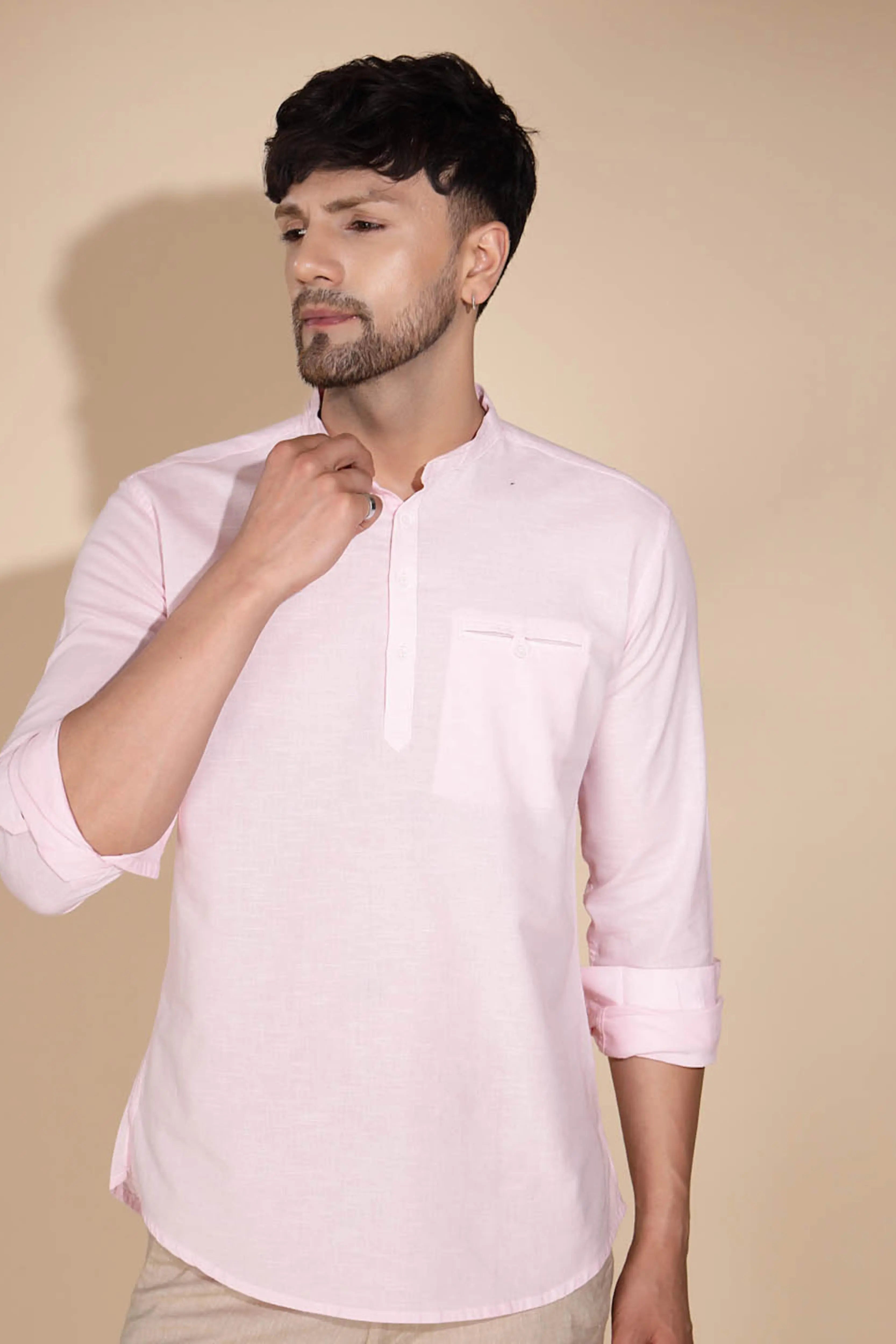 Mens Pink Round Nack Solid Kurta - Global Republic