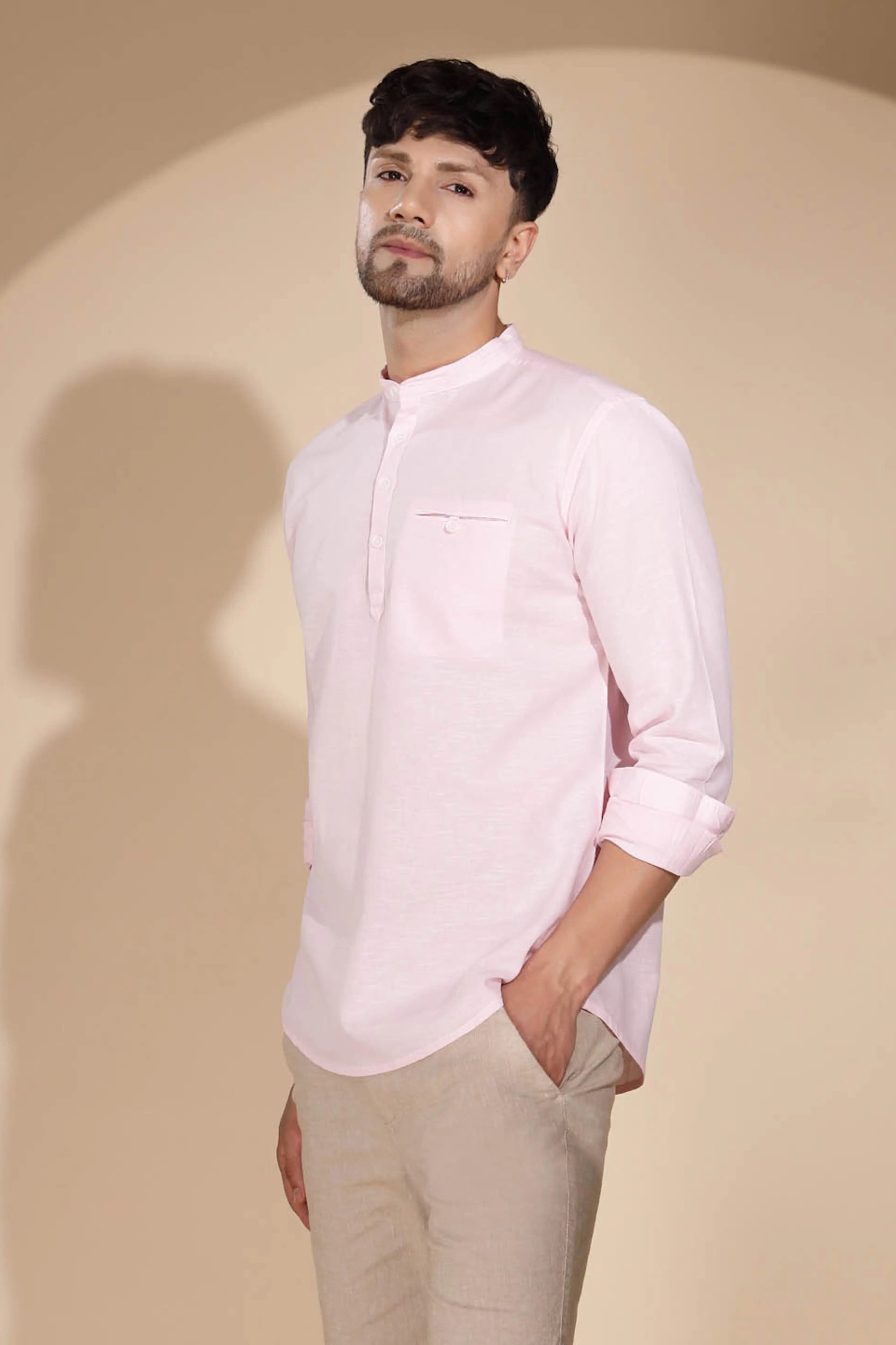 Mens Pink Round Nack Solid Kurta - Global Republic