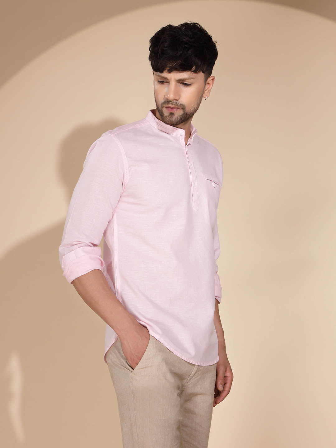 Mens Pink Round Nack Solid Kurta - Global Republic