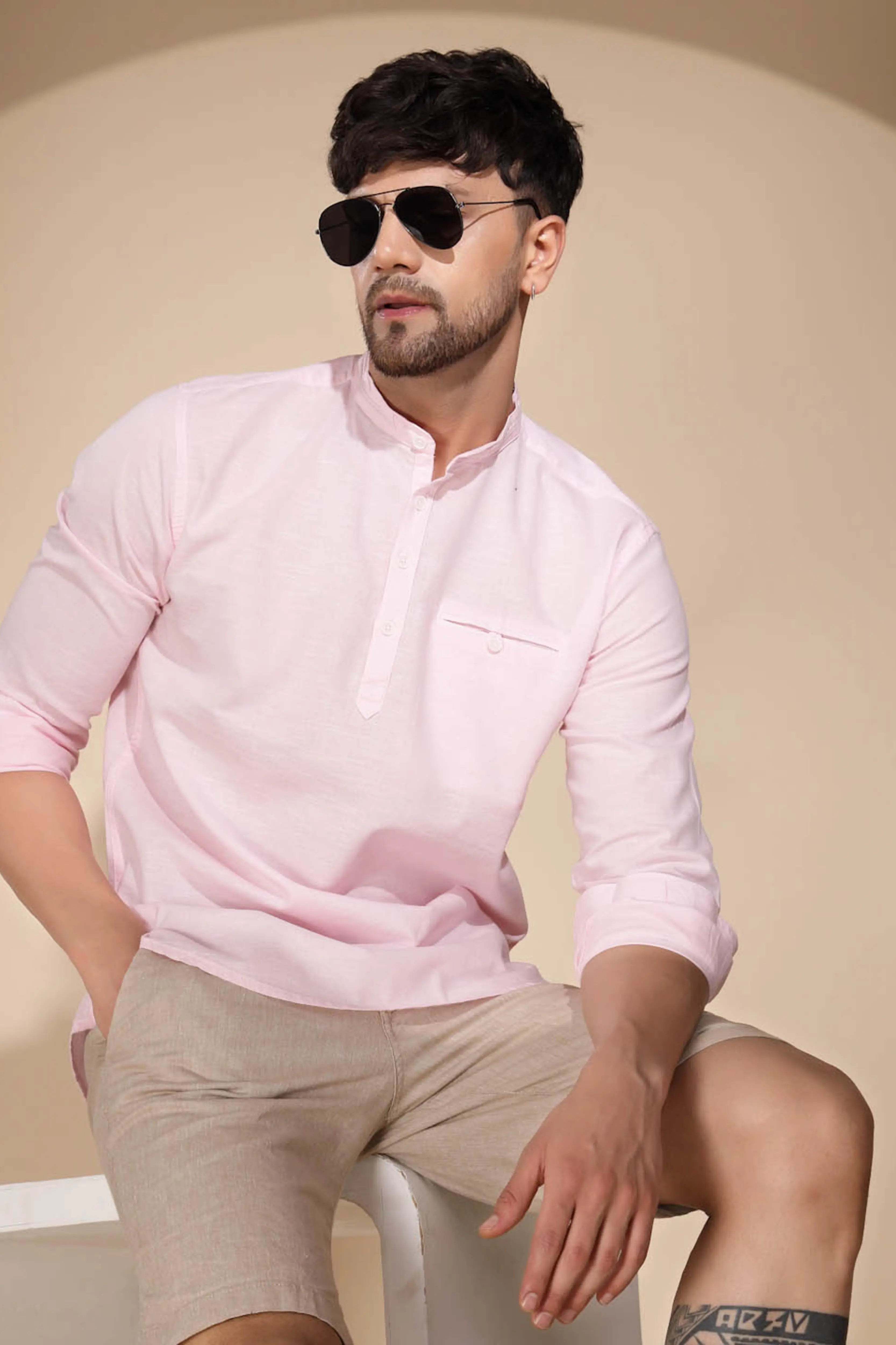 Mens Pink Round Nack Solid Kurta - Global Republic