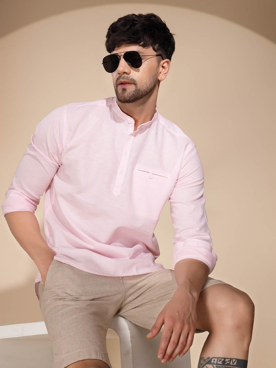 Mens Pink Round Nack Solid Kurta - Global Republic