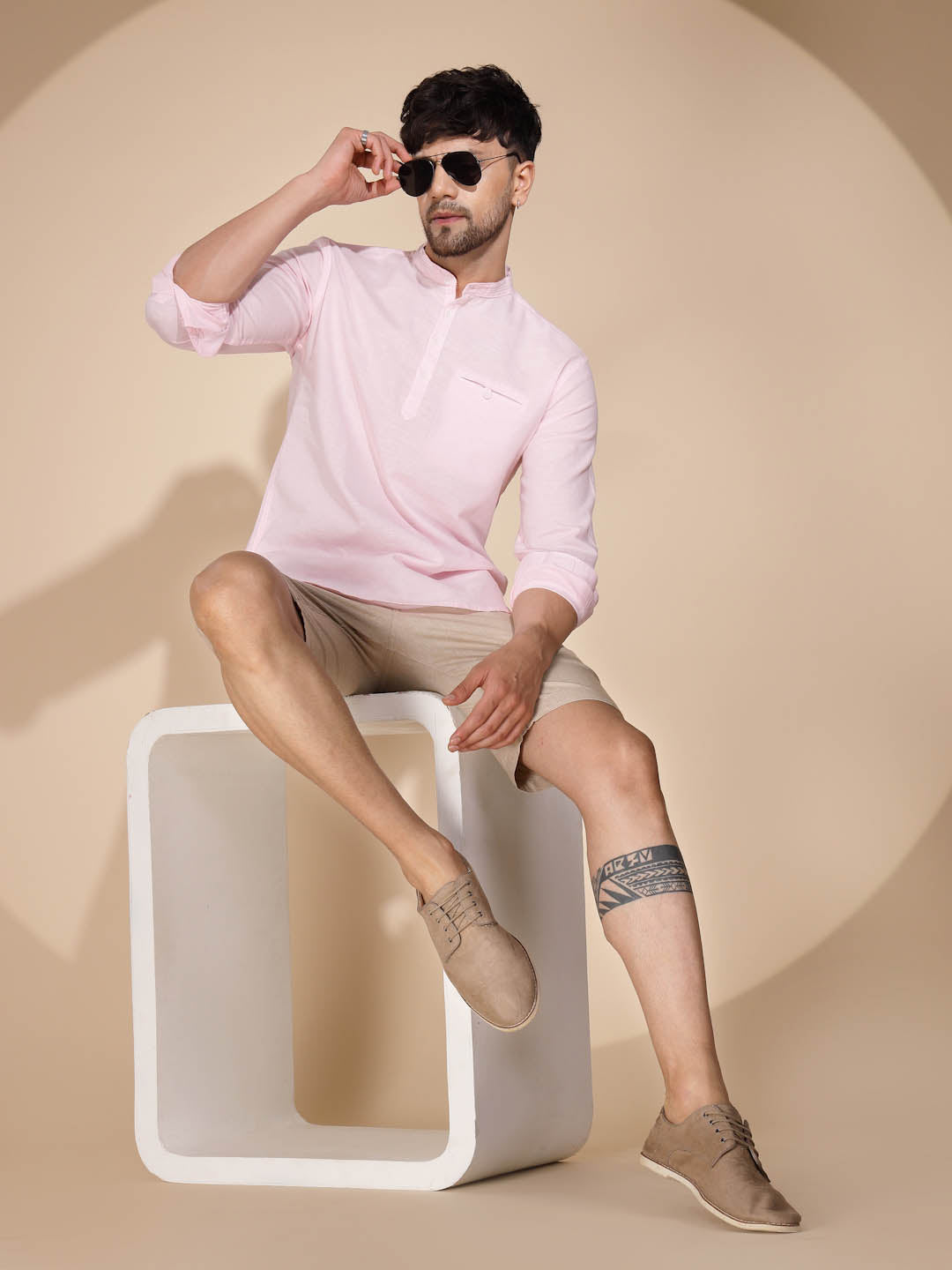 Mens Pink Round Nack Solid Kurta - Global Republic