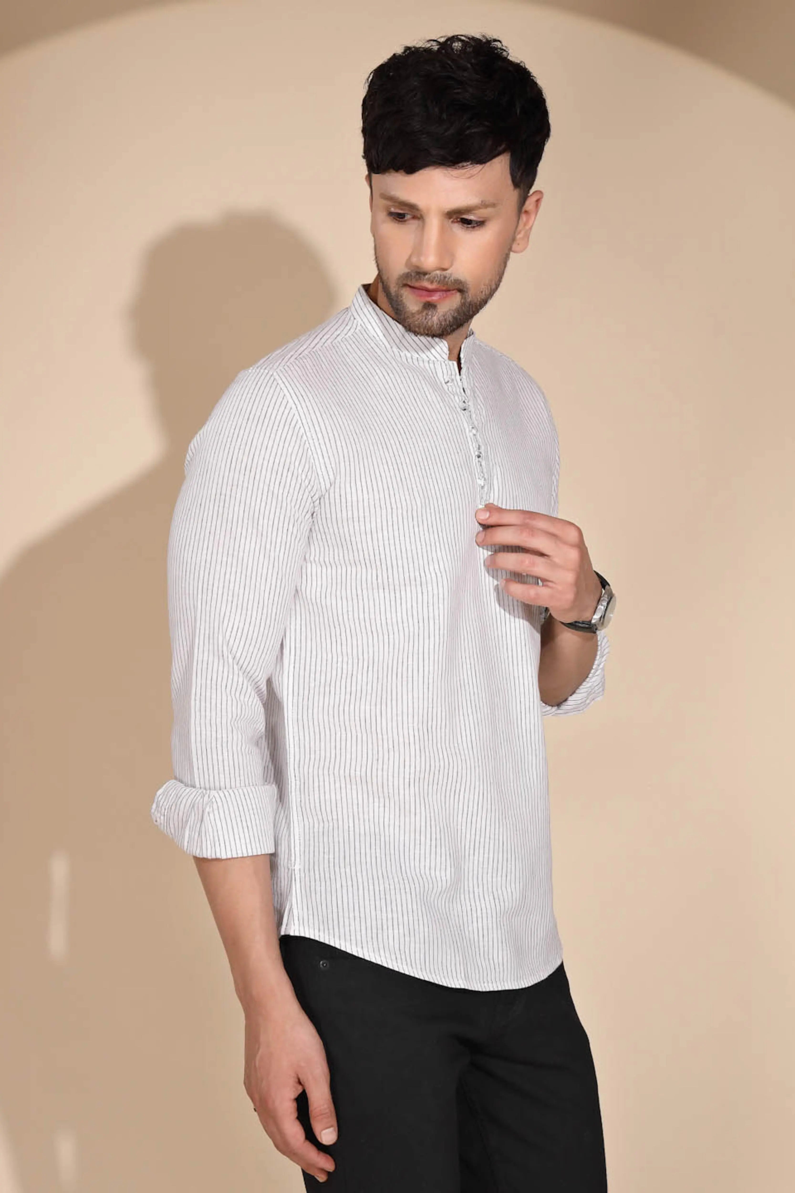 Mens Off White Round Nack Printed Kurta - Global Republic