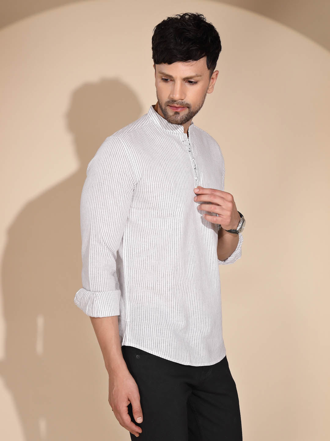 Mens Off White Round Nack Printed Kurta