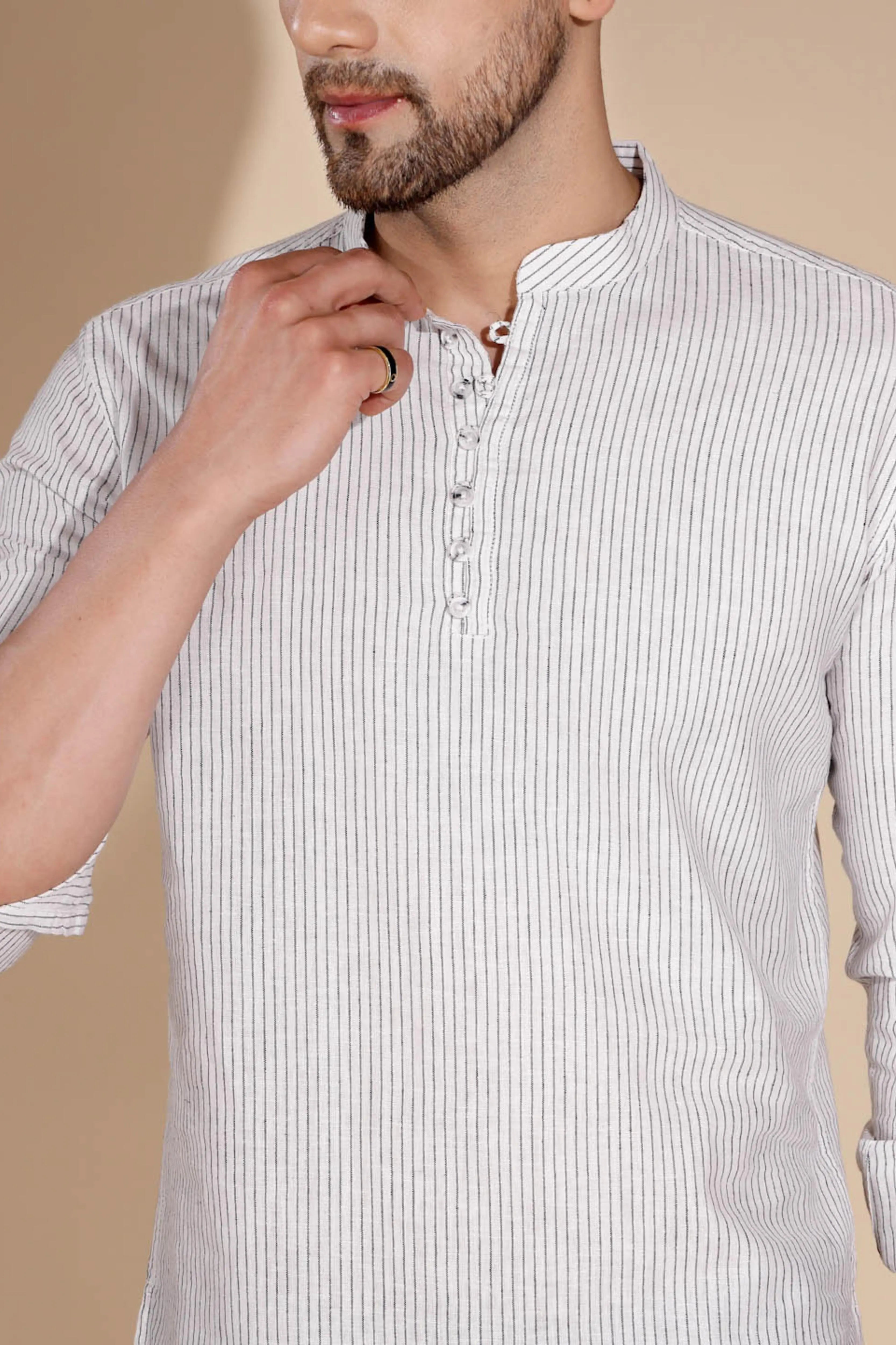 Mens Off White Round Nack Printed Kurta - Global Republic