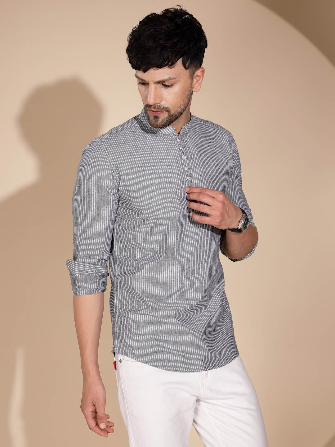 Mens Grey Round Nack Printed Kurta - Global Republic