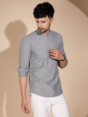 Mens Grey Round Nack Printed Kurta - Global Republic