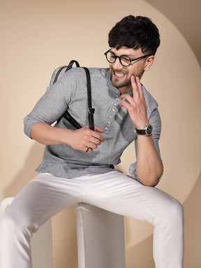 Mens Grey Round Nack Printed Kurta - Global Republic
