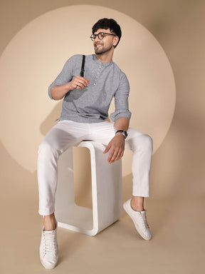 Mens Grey Round Nack Printed Kurta - Global Republic