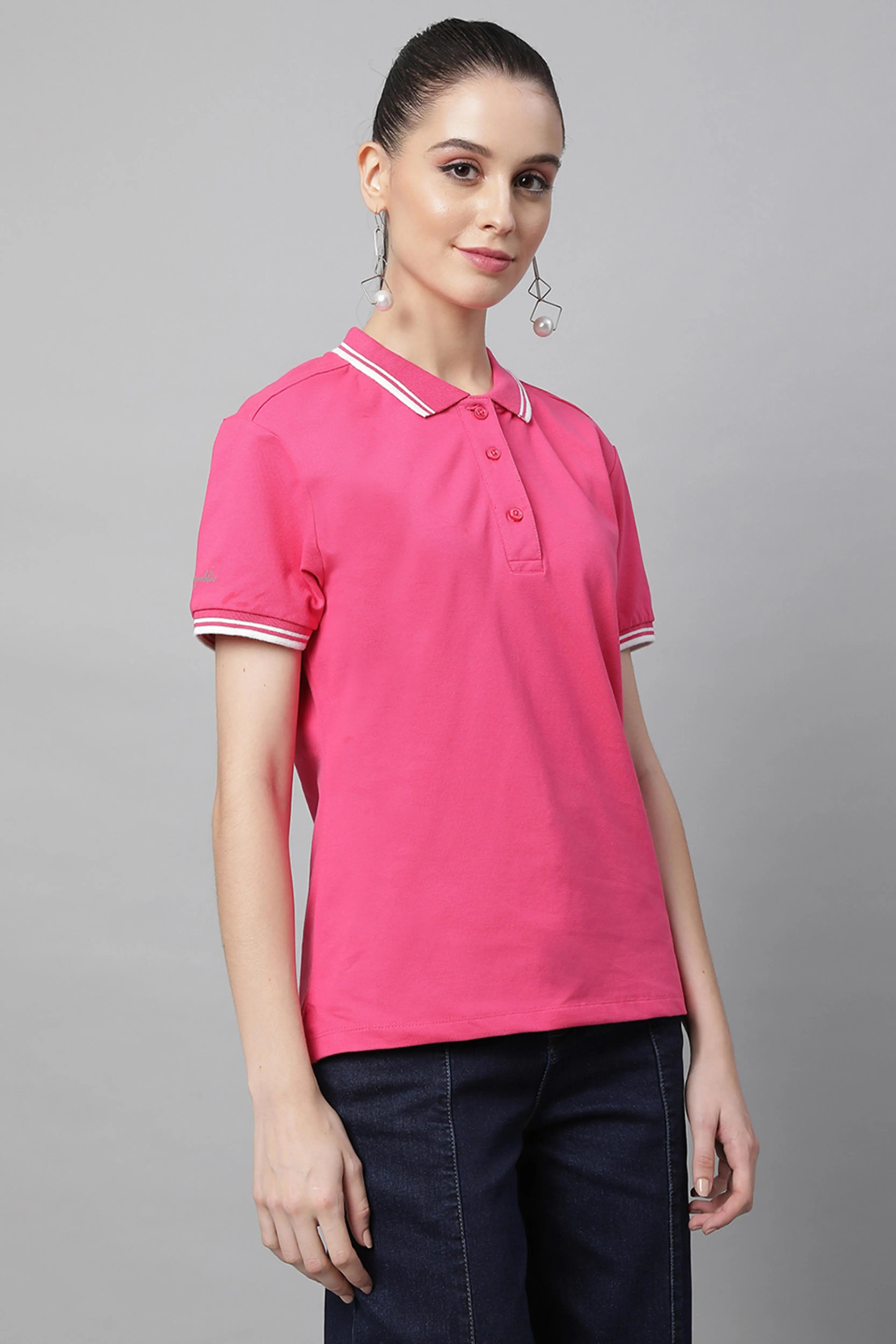 women hot pink cotton solid top