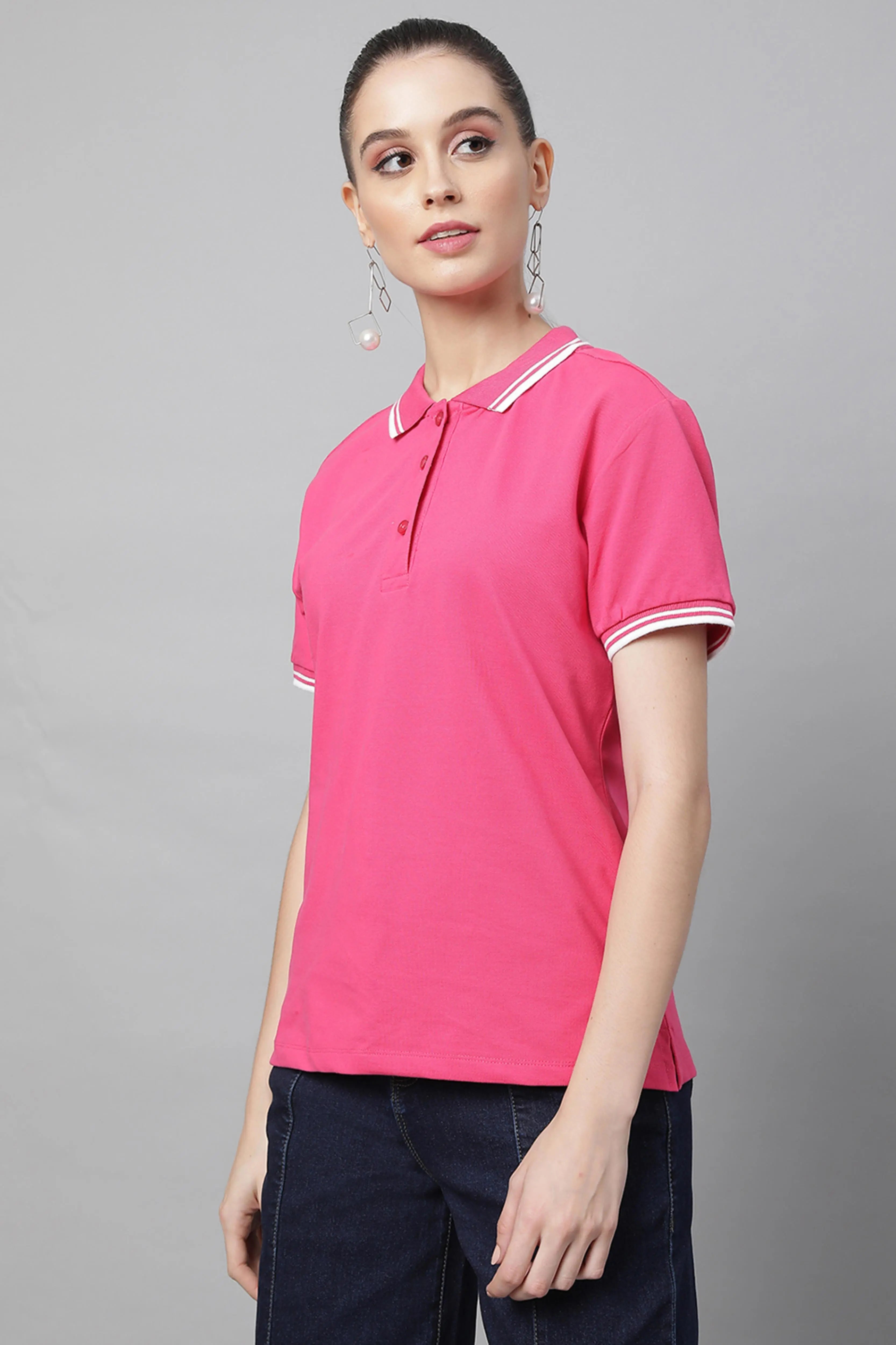 women hot pink cotton solid top