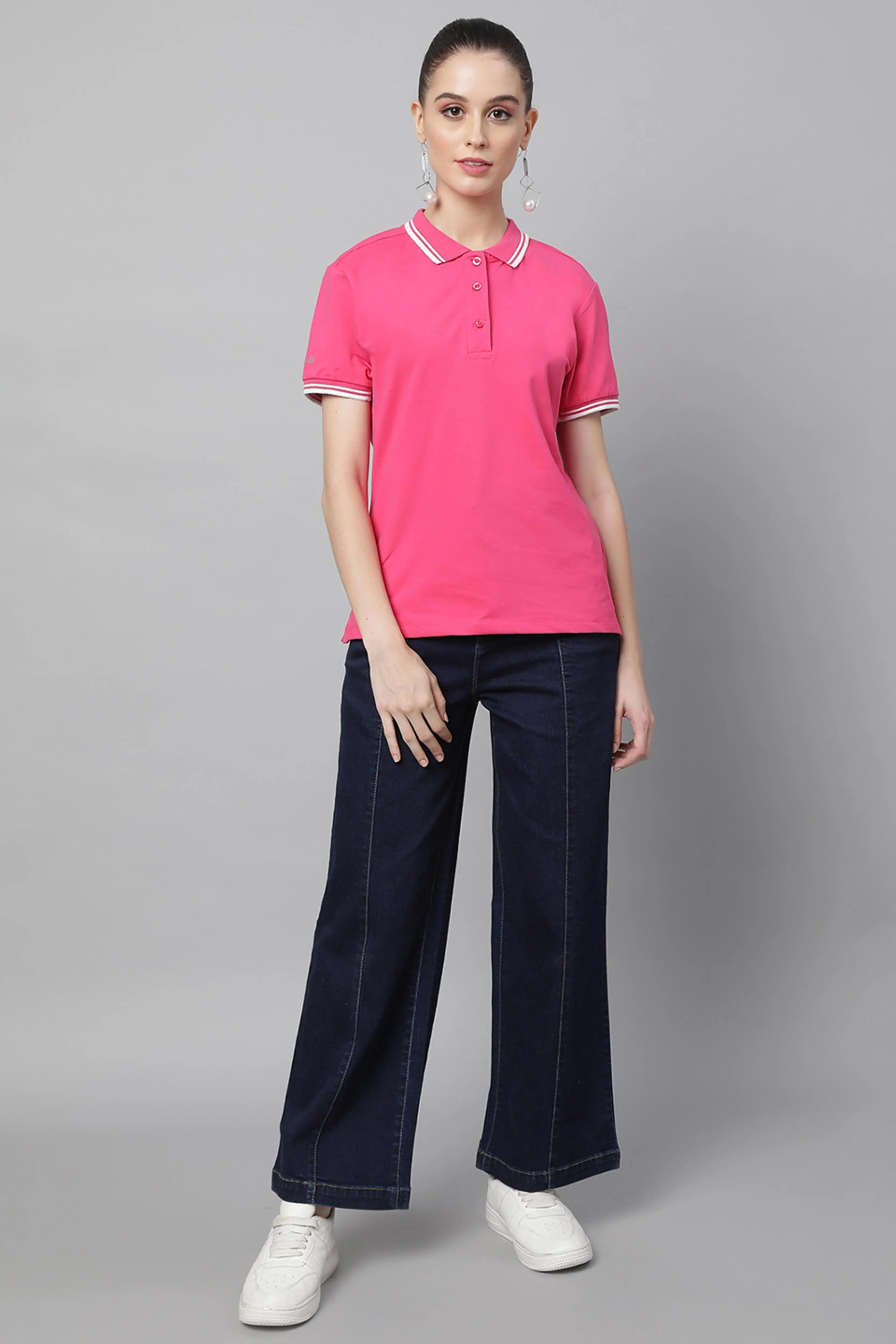 women hot pink cotton solid top
