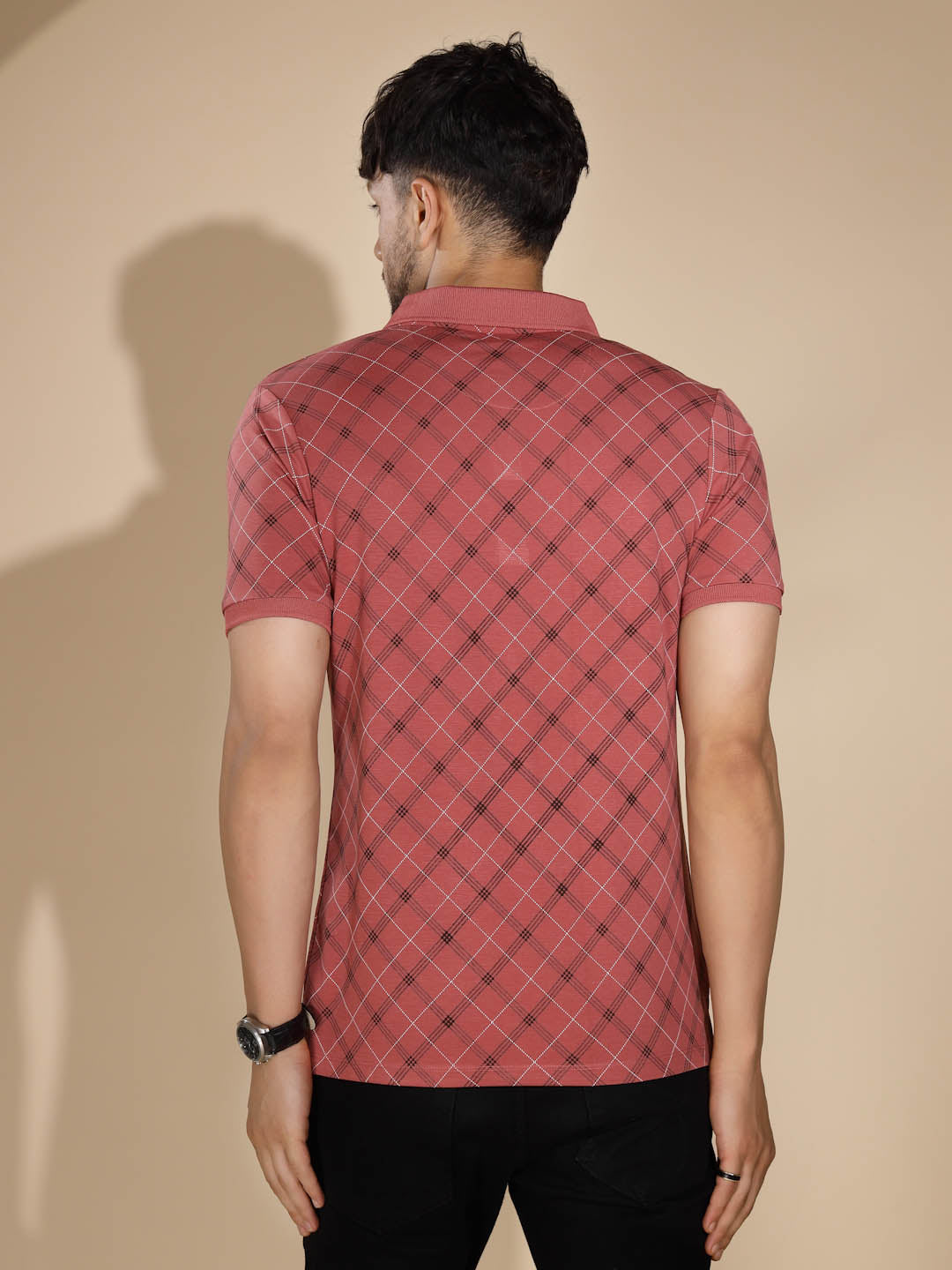 Mens Maroon Check Half Sleeve Polo Neck T-Shirt - Global Republic