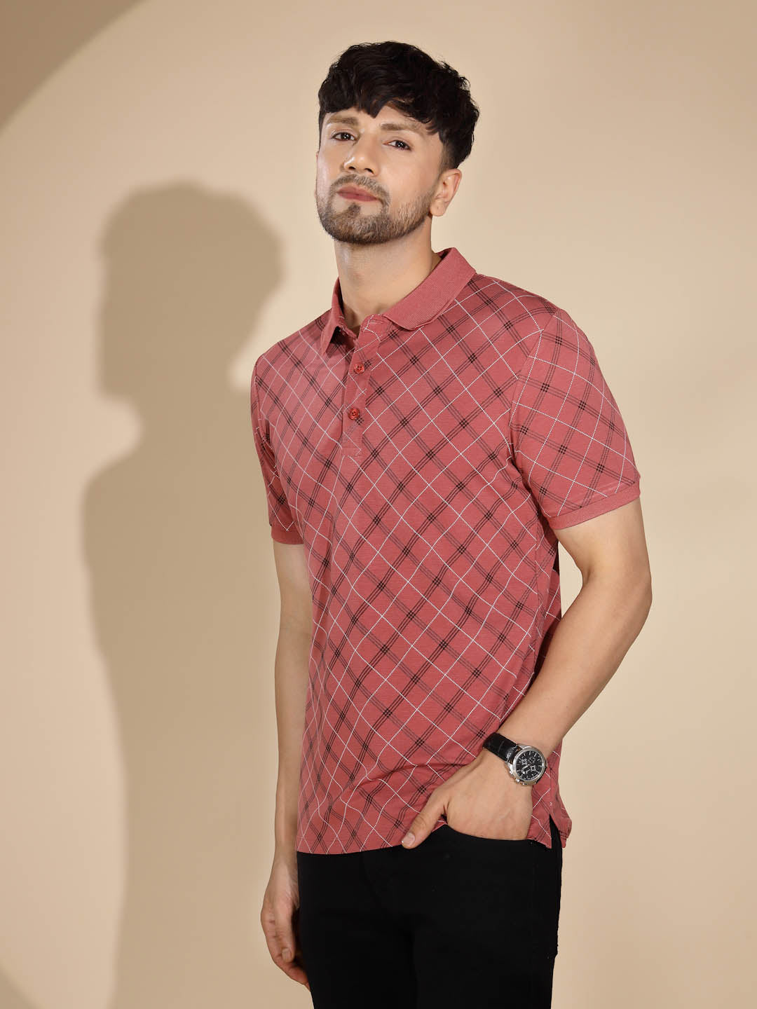 Mens Maroon Check Half Sleeve Polo Neck T-Shirt - Global Republic