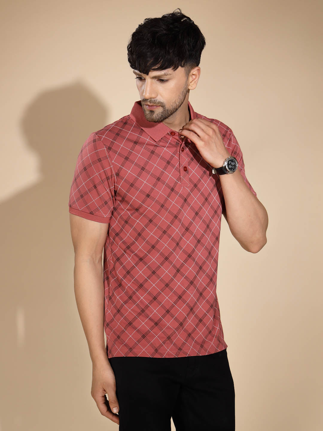 Mens Maroon Check Half Sleeve Polo Neck T-Shirt - Global Republic