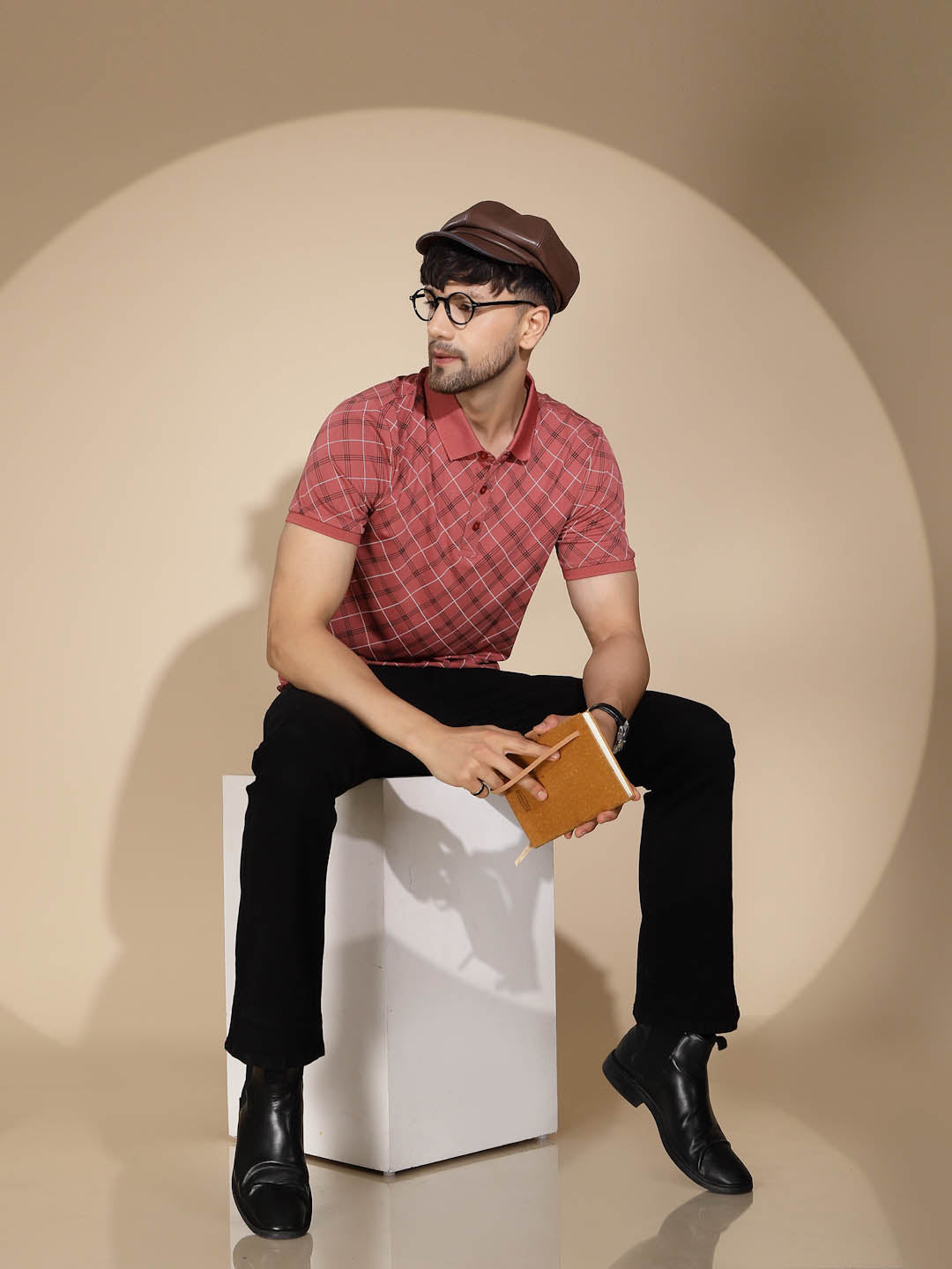 Mens Maroon Check Half Sleeve Polo Neck T-Shirt - Global Republic