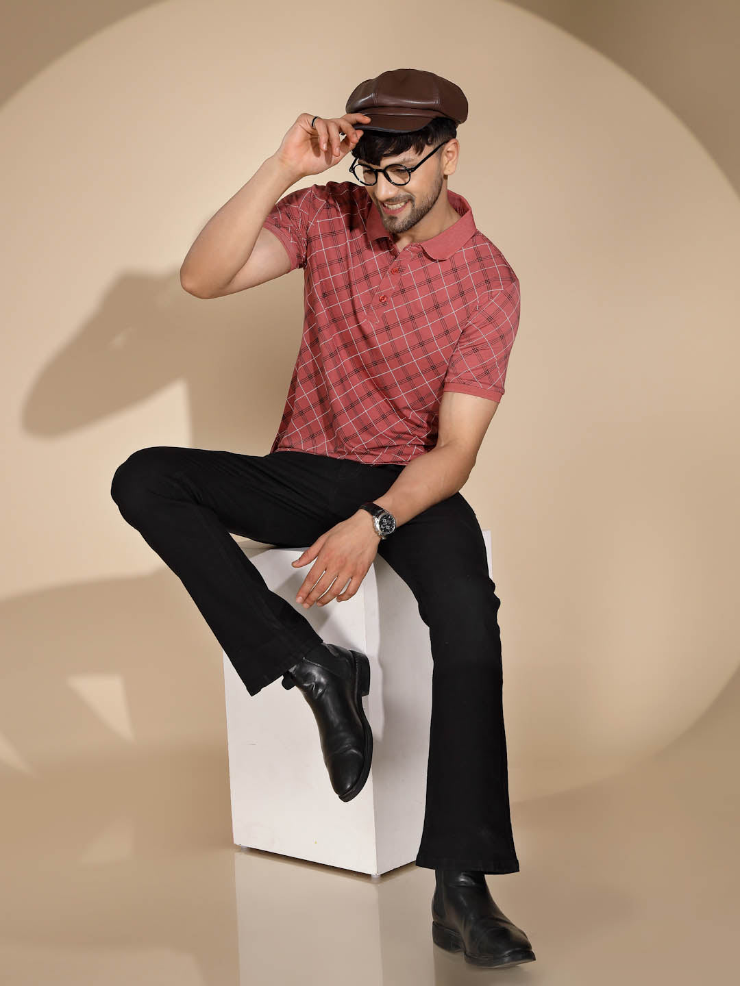Mens Maroon Check Half Sleeve Polo Neck T-Shirt - Global Republic