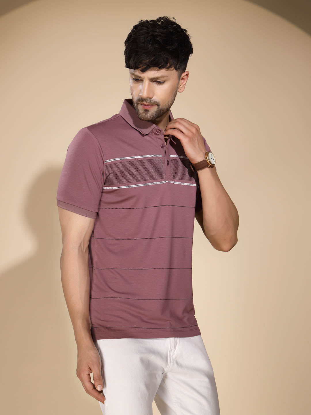 Mens Lavender Round Nack Printed T-Shirt