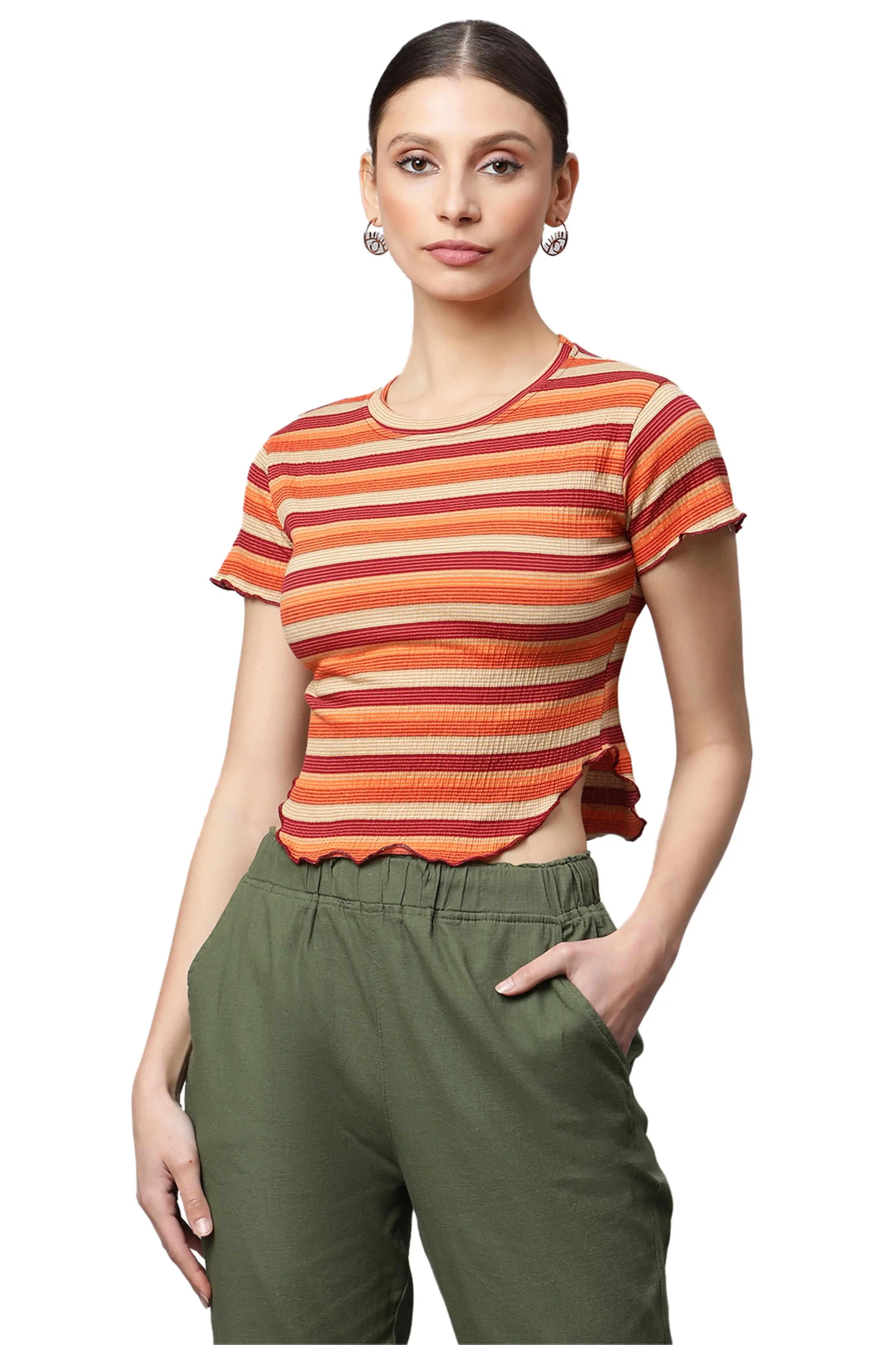 Cotton Blend Regular Fit Brown Top