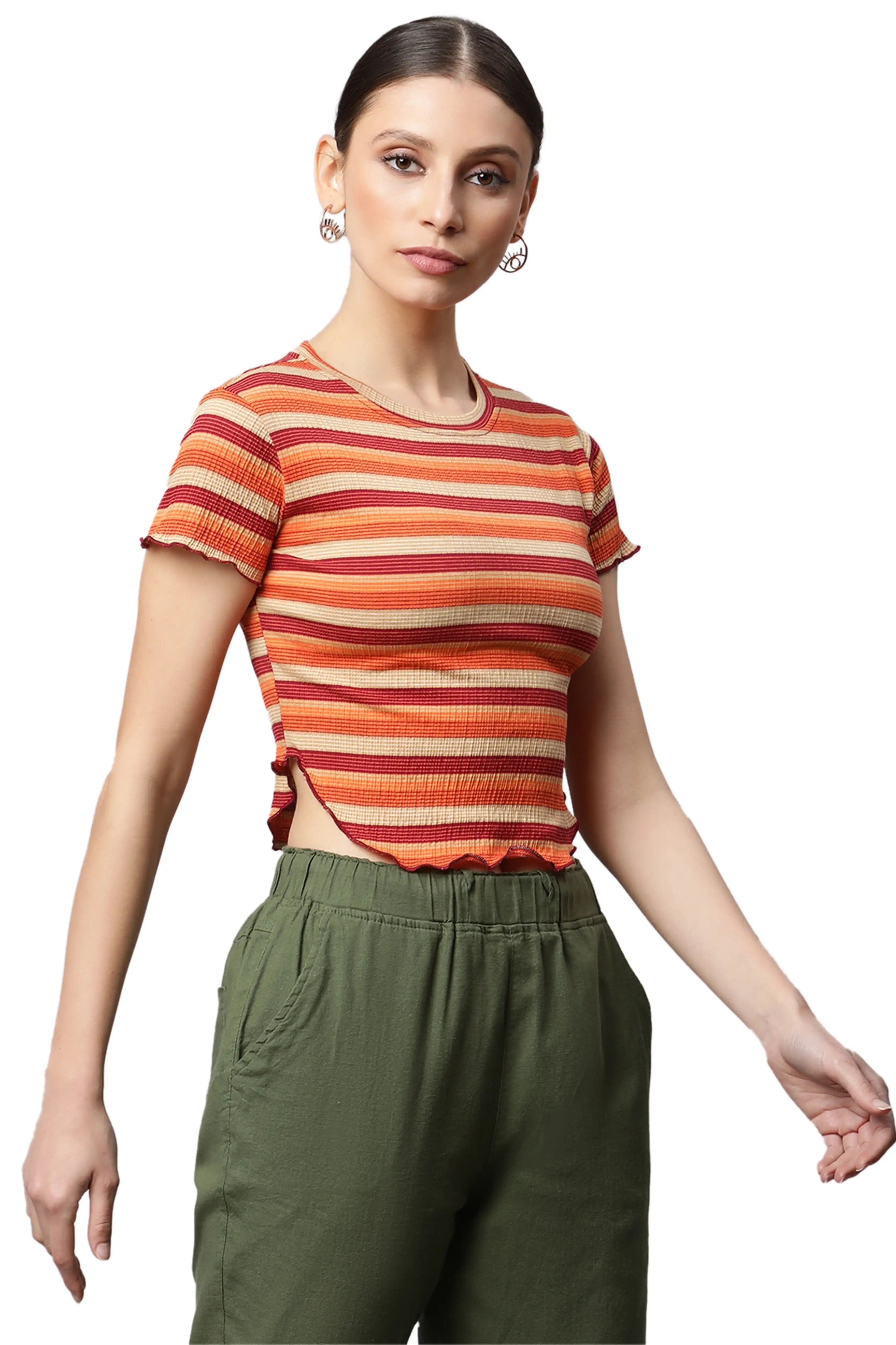 Cotton Blend Regular Fit Brown Top