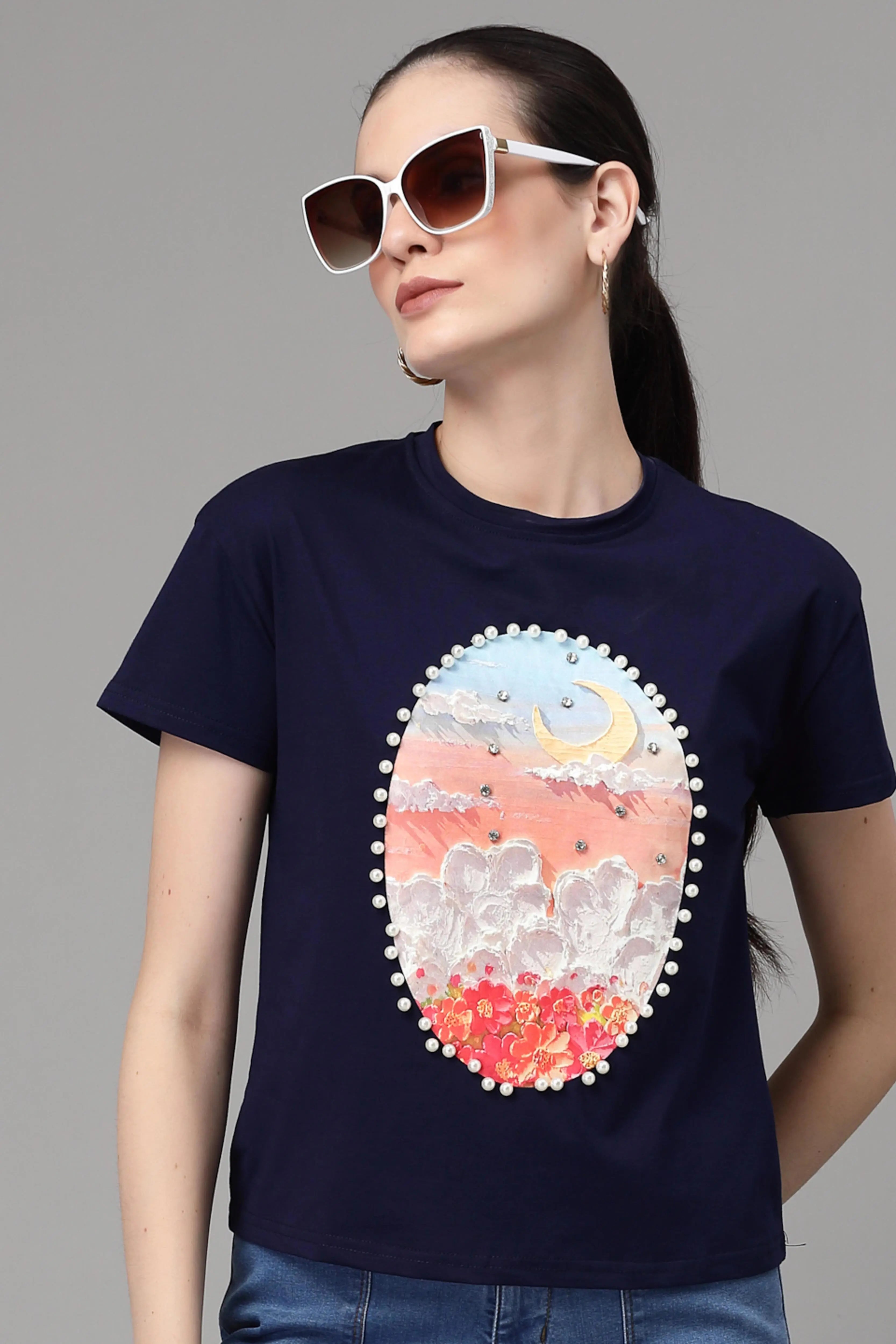 Blue Graphic Print Cotton Blend T-Shirt - Global Republic