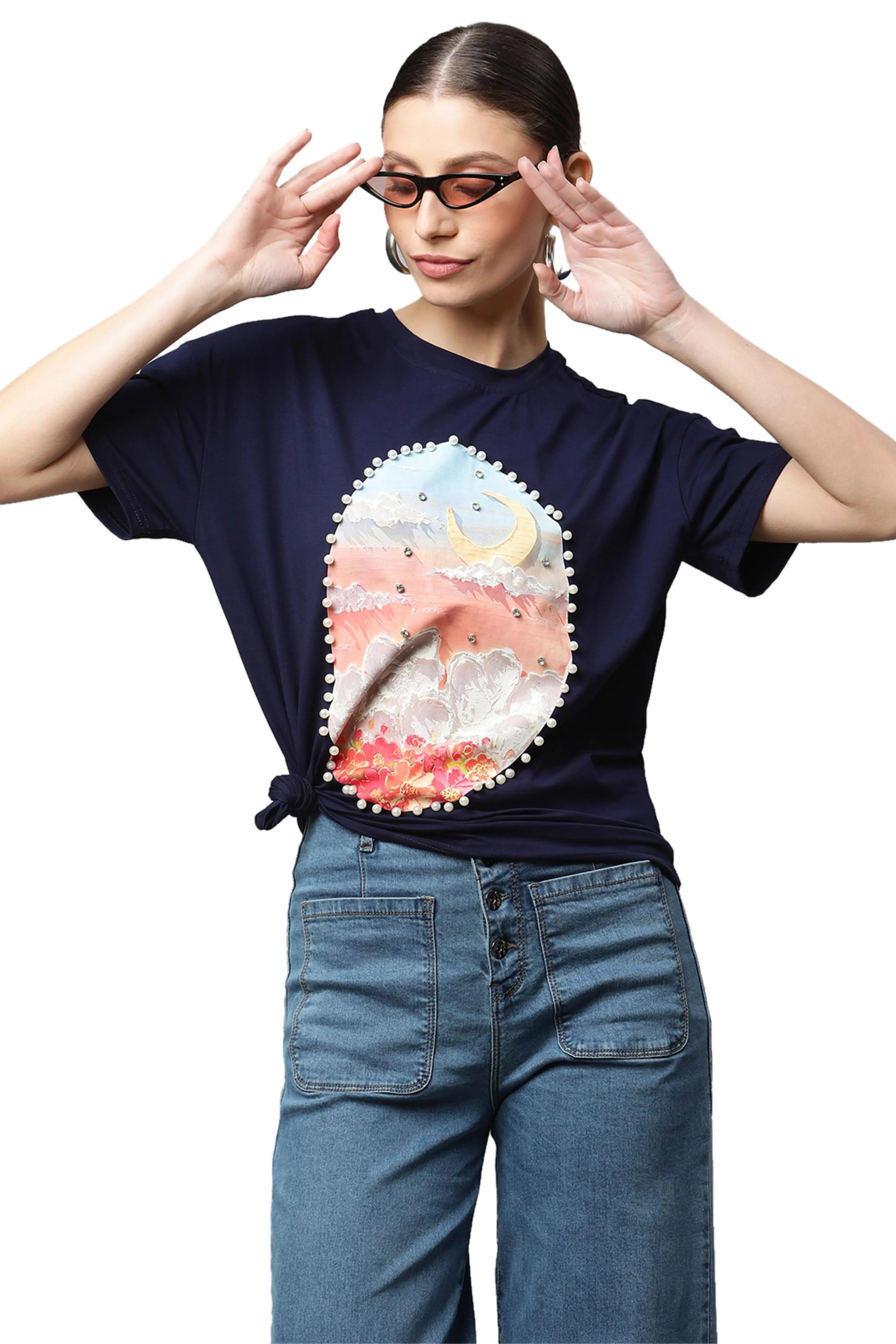 Blue Graphic Print Cotton Blend T-Shirt - Global Republic