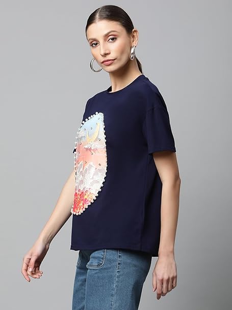 Blue Graphic Print Cotton Blend T-Shirt - Global Republic