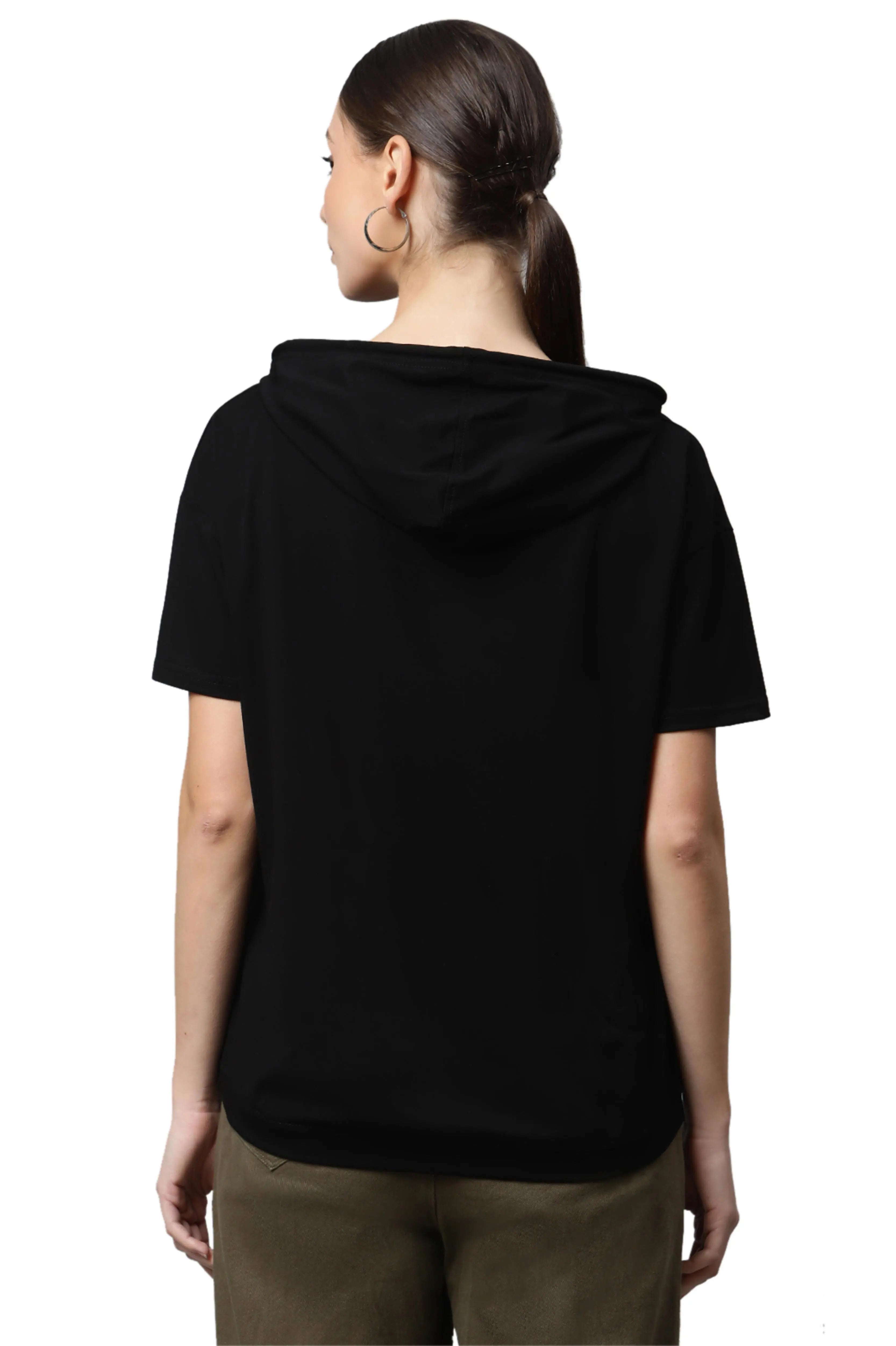 Women Black Regular Fit Hooded Embellished T-Shirt - Global Republic