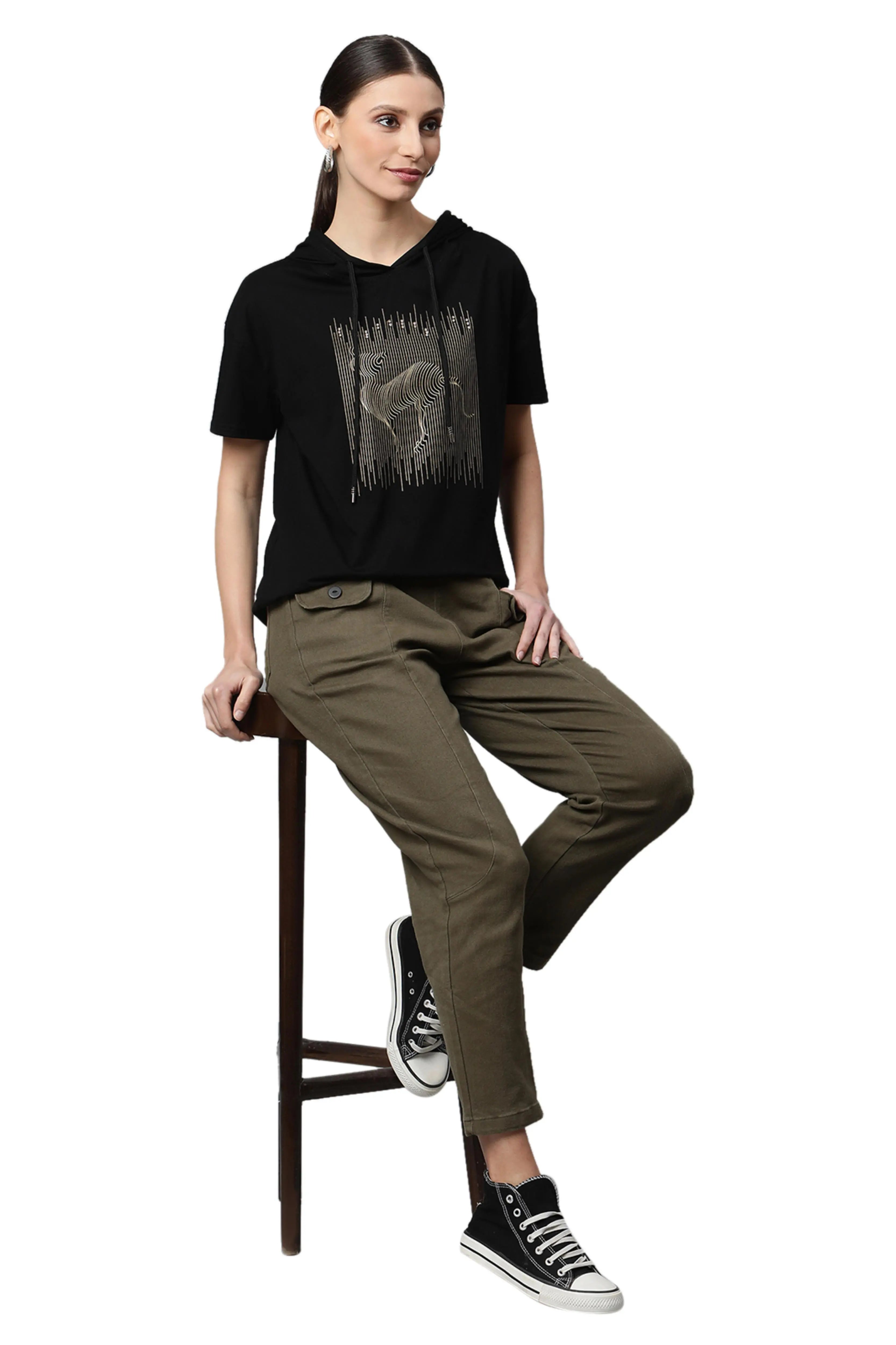 Women Black Regular Fit Hooded Embellished T-Shirt - Global Republic