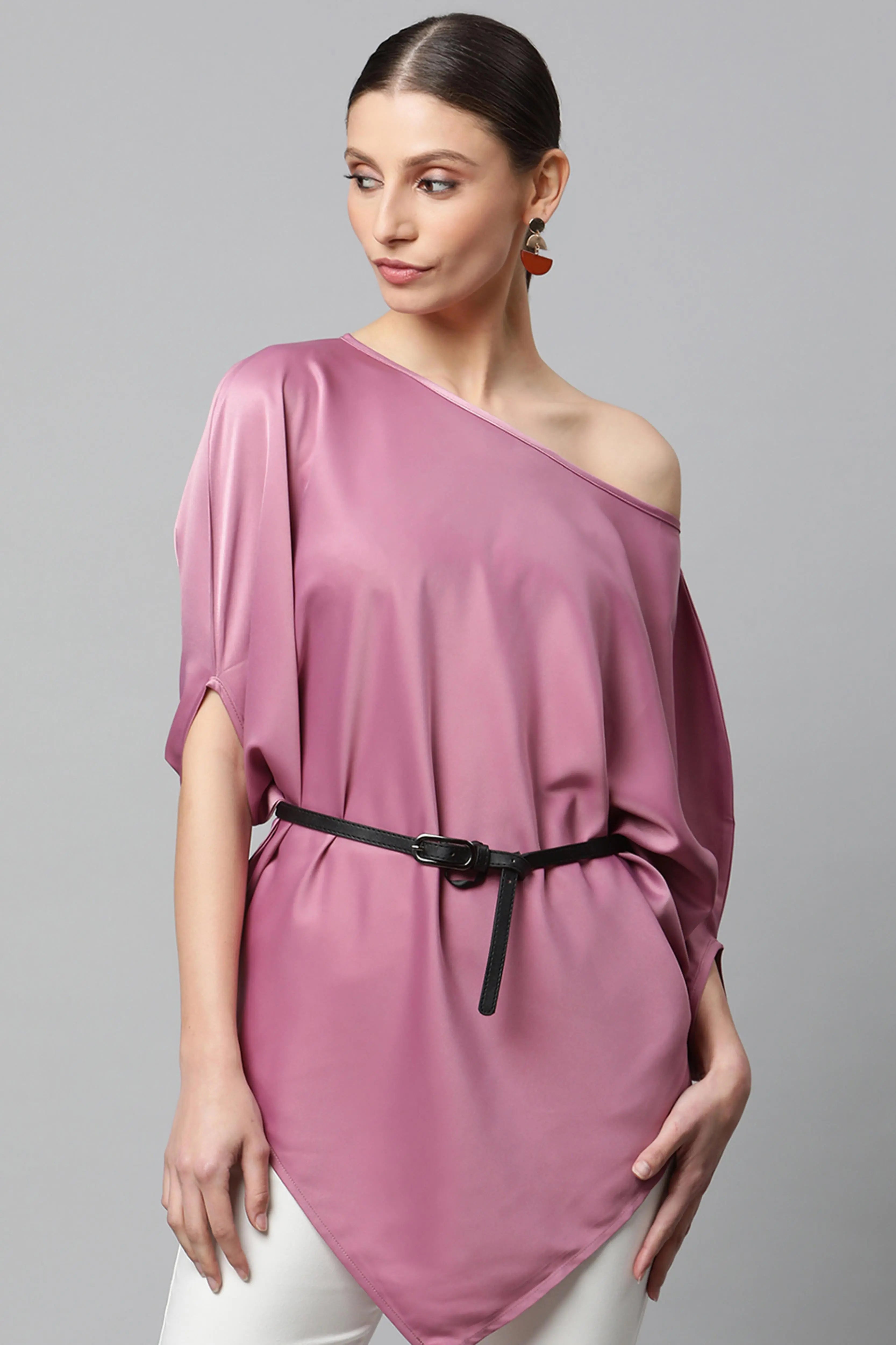 Satin Asymmetric Hem Off-Shoulder Top - Global Republic