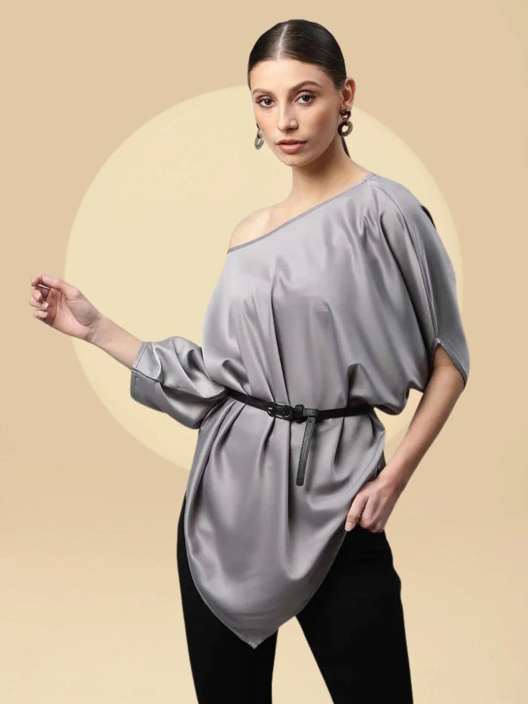 Satin Asymmetric Hem Off-Shoulder Top