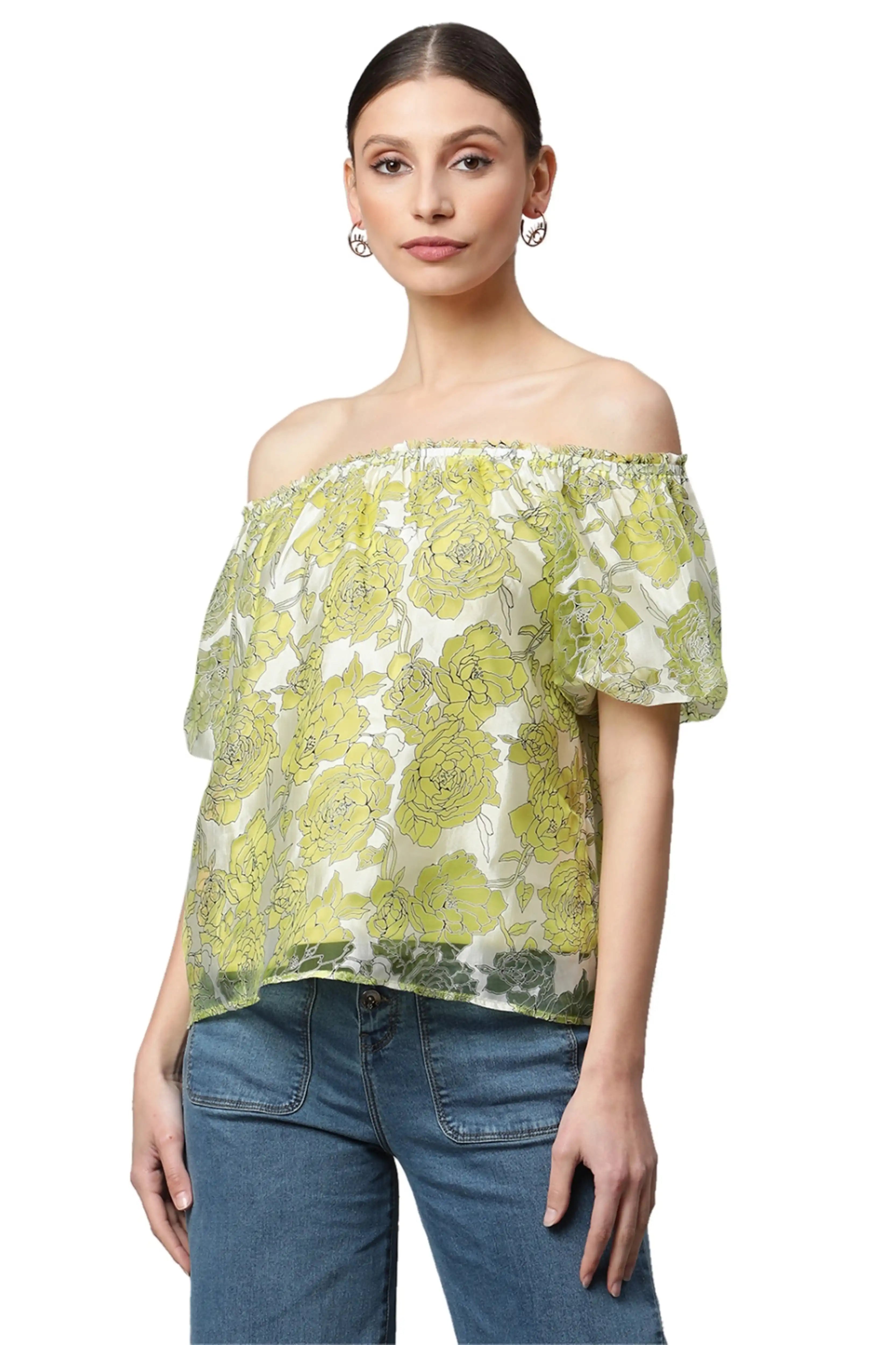 Net Floral Off-Shoulder Printed Top