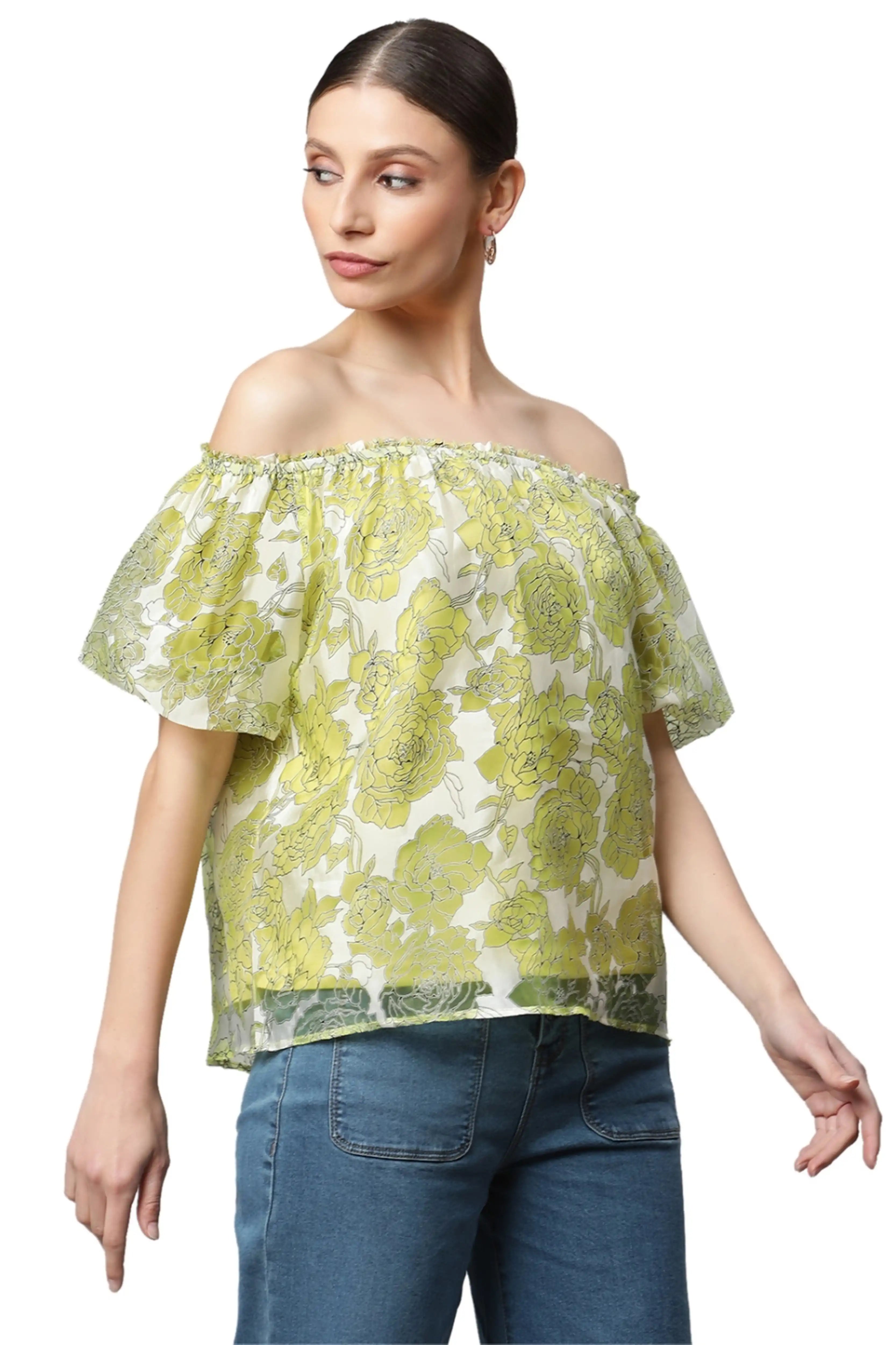 Net Floral Off-Shoulder Printed Top