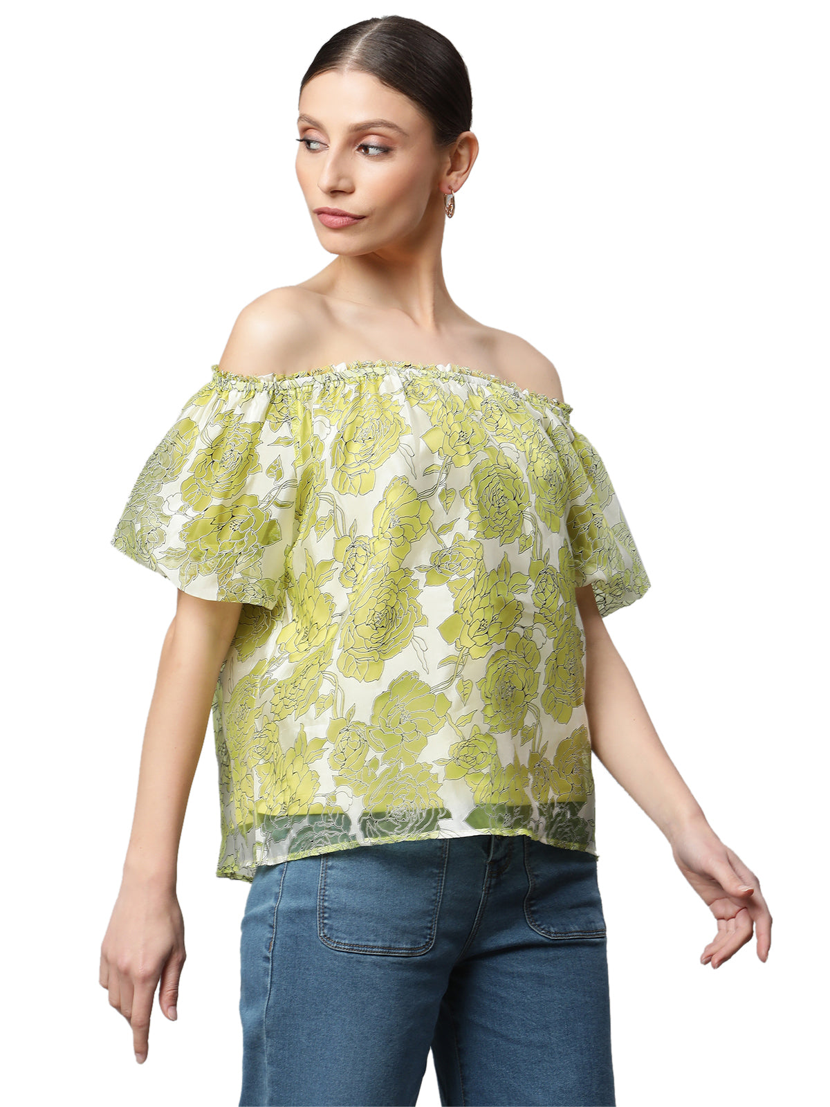 Net Floral Off-Shoulder Printed Top