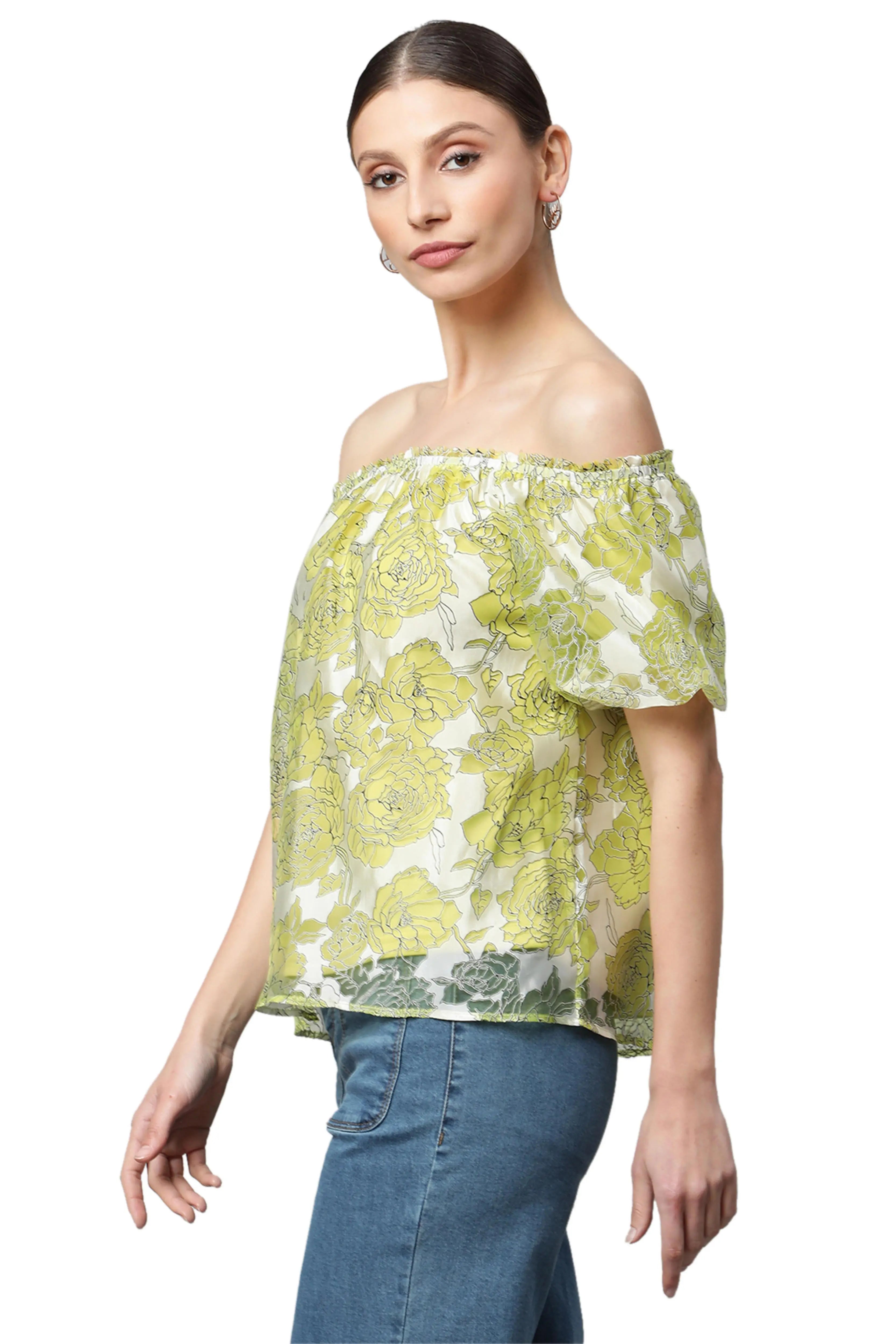 Net Floral Off-Shoulder Printed Top