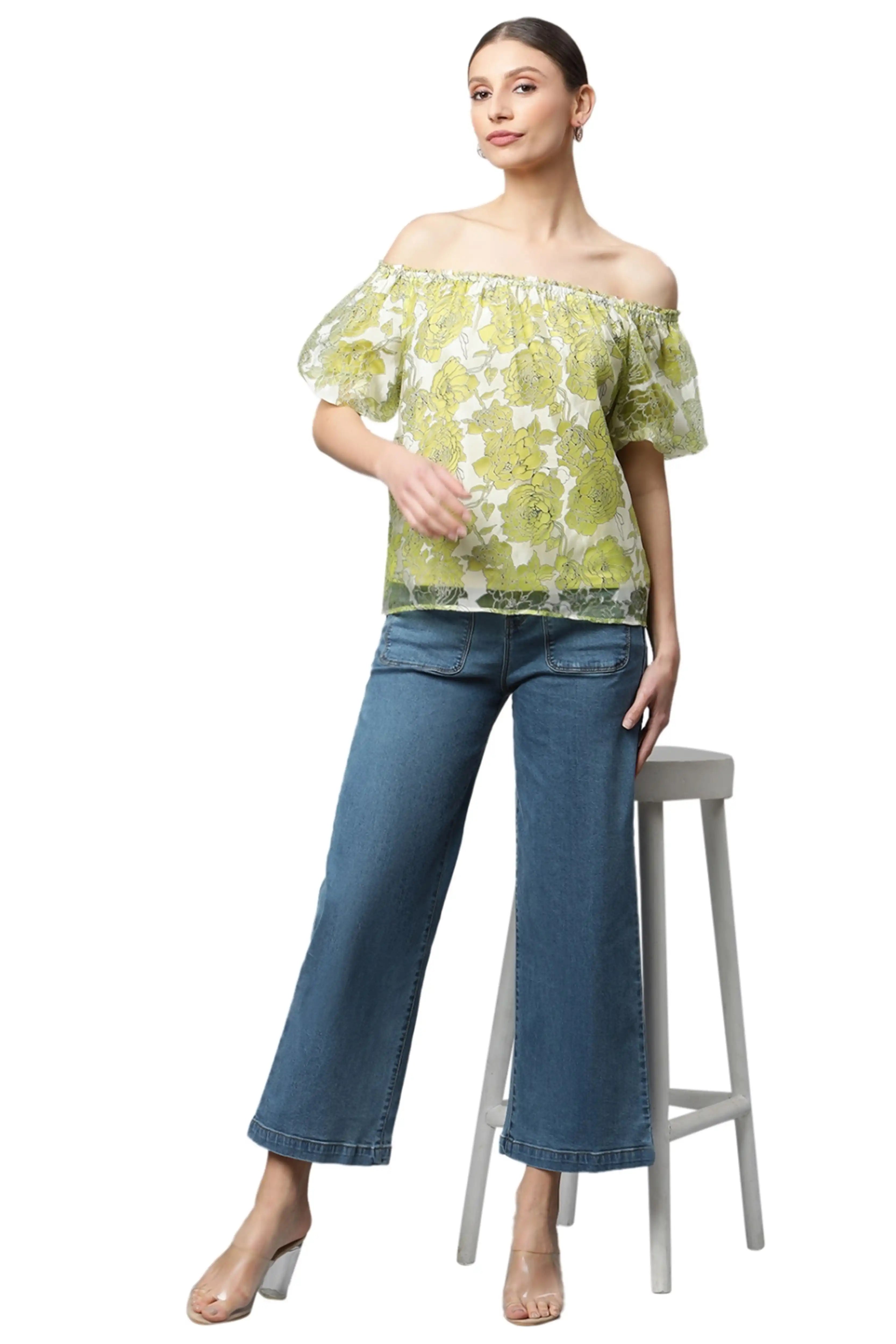 Net Floral Off-Shoulder Printed Top