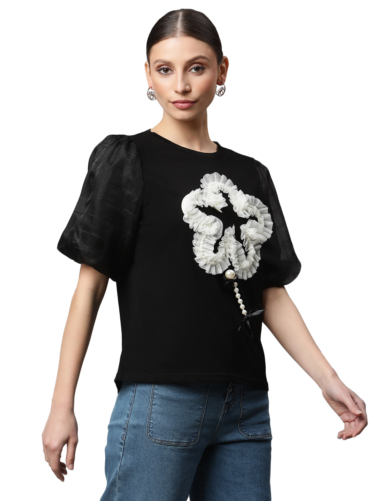 Women Regular Fit Color Hosiery Applique T-Shirt