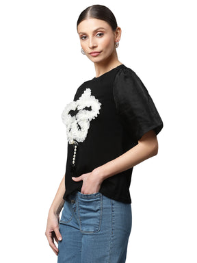 Women Regular Fit Color Hosiery Applique T-Shirt