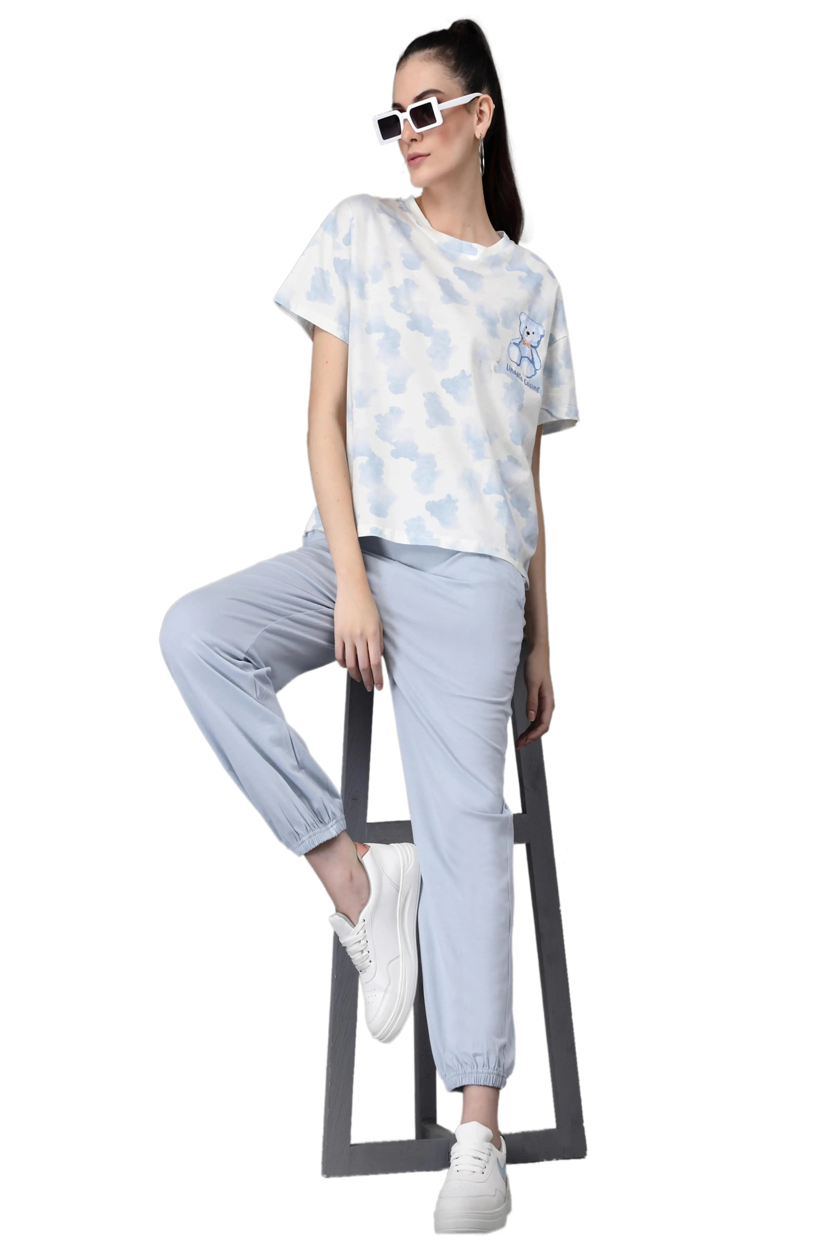 Women Grey Round Neck Loose Fit Printed Night Suit Set - Global Republic