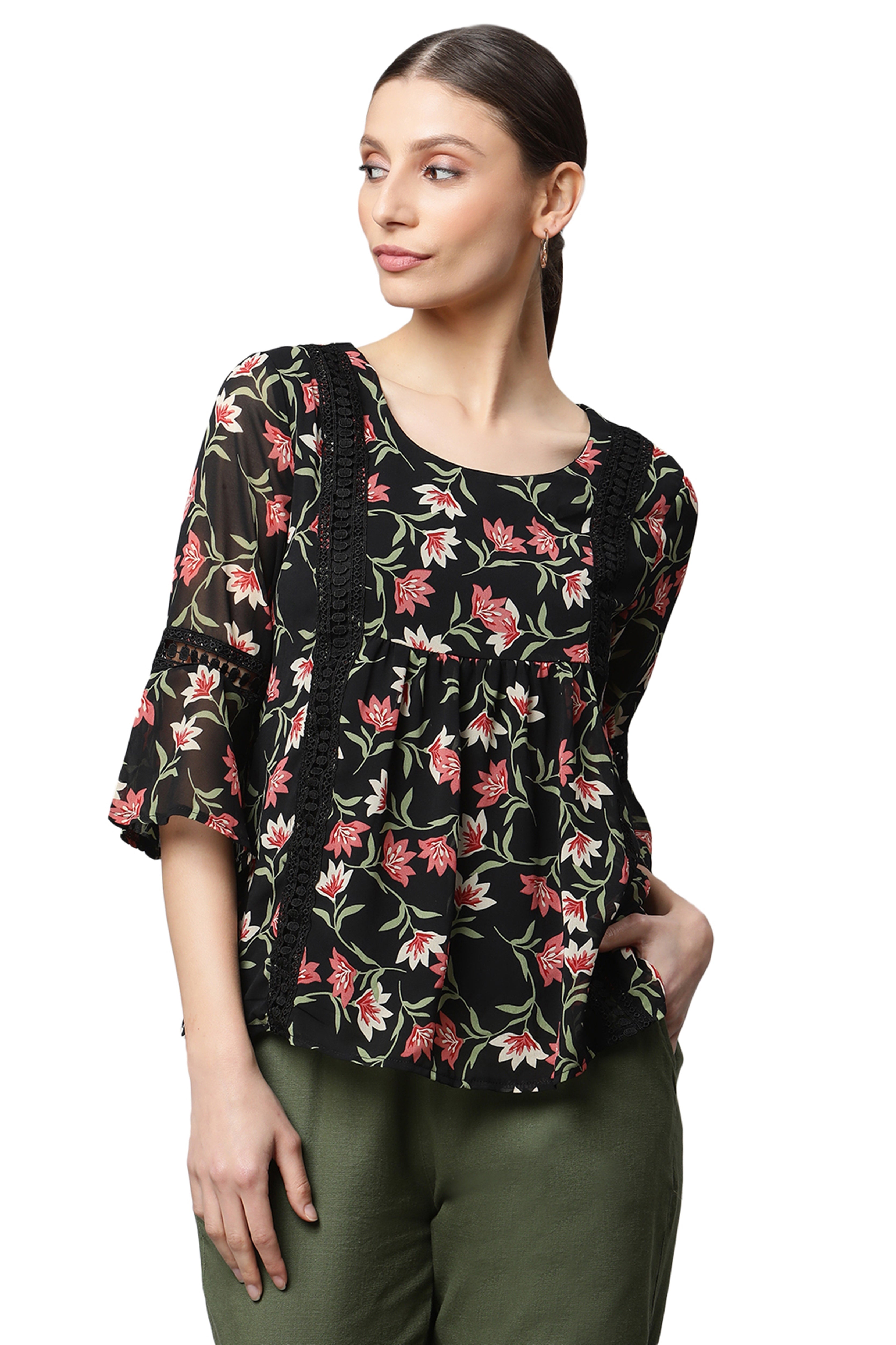 Black Floral Georgette Top
