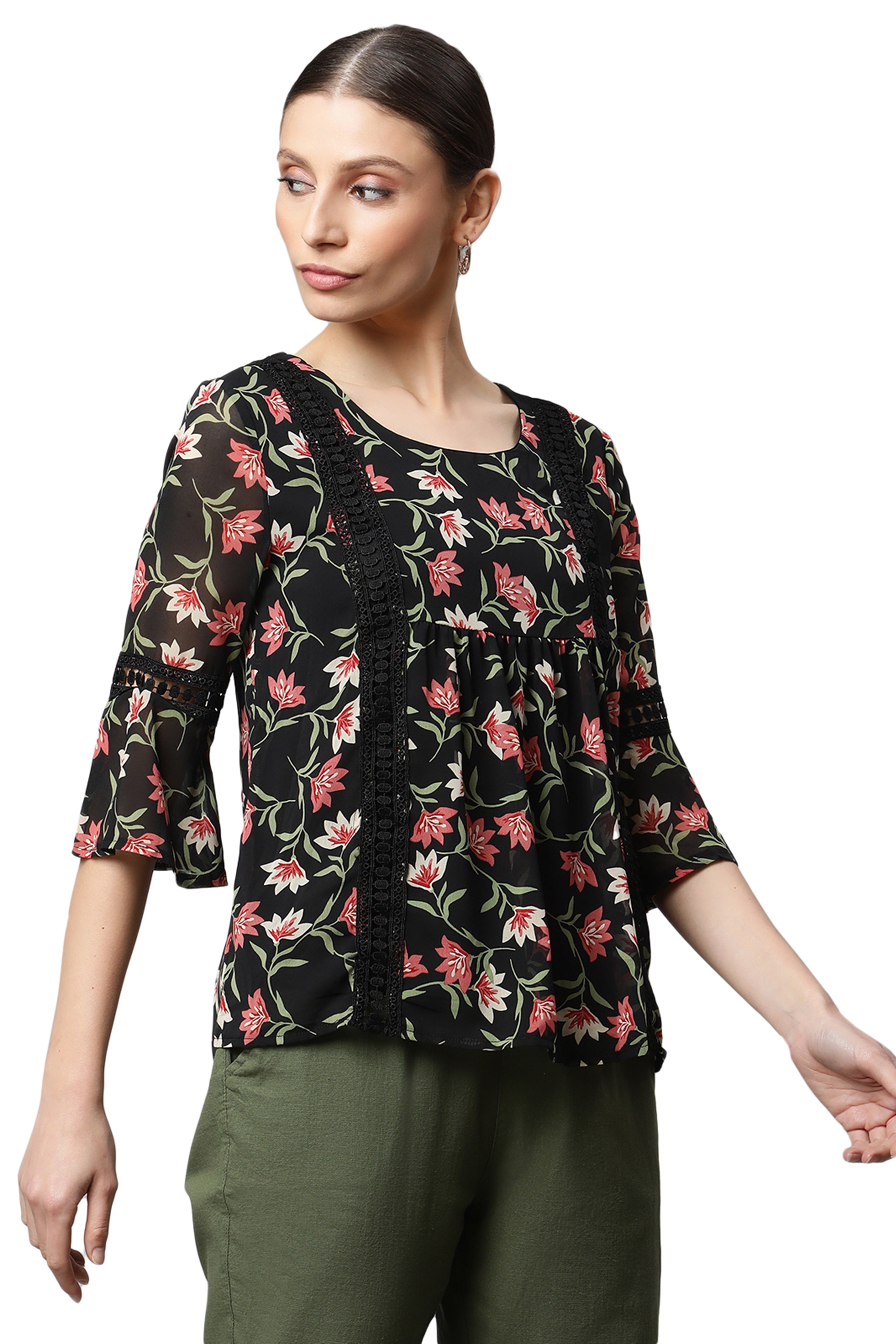 Black Floral Georgette Top